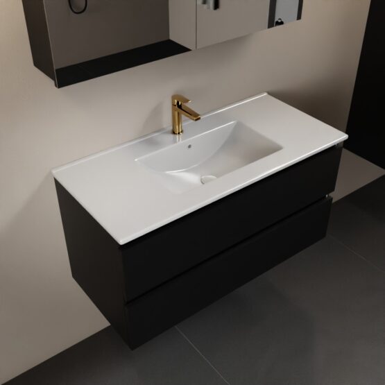 MONDIAZ AIVY 100cm mueble de baño Urban. Lavabo blanco brillo cerámica Centro 1 orificio y armario con espejo.