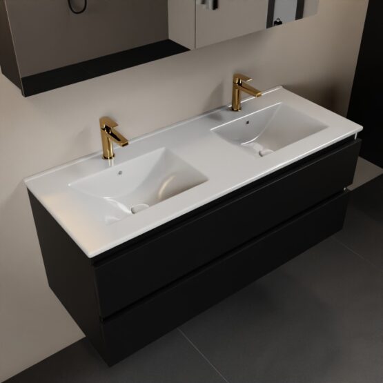 MONDIAZ AIVY 120cm mueble de baño Urban. Lavabo blanco brillo cerámica Doble 2 orificios y armario con espejo.