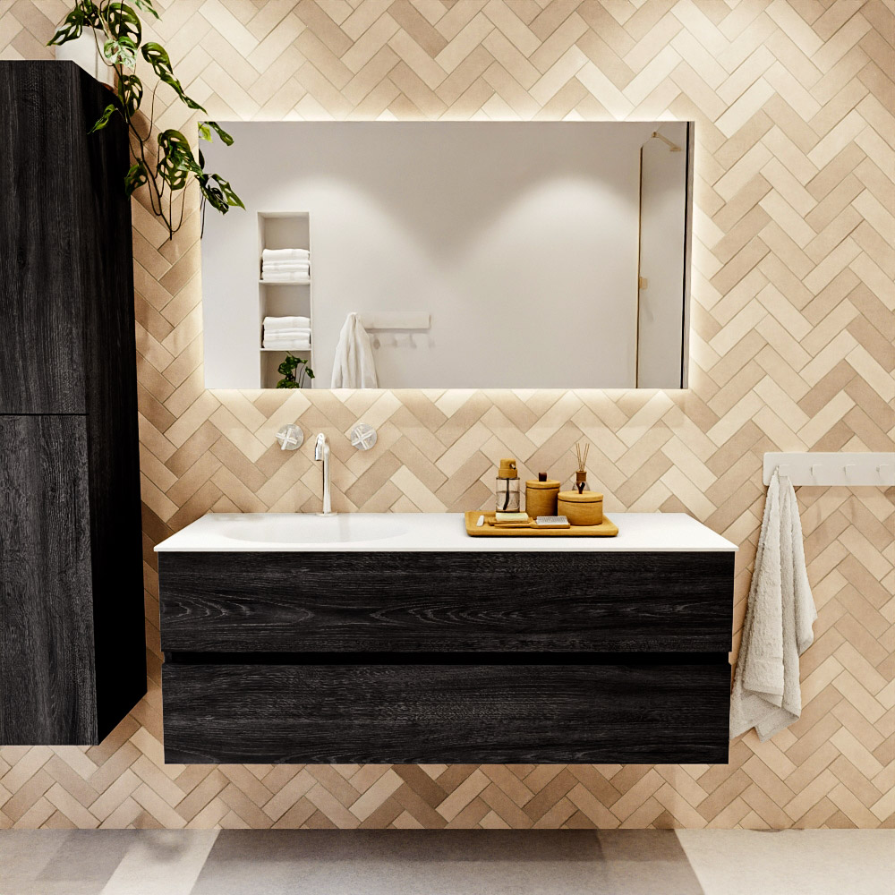 MONDIAZ VICA 130cm mueble de baño Antracite 2 cajones. Lavabo MOON Izquierda 1 orificio color Talc con espejo LED. 2 MONDIAZ VICA 130cm mueble de baño Antracite 2 cajones. Lavabo MOON Izquierda 1 orificio color Talc con espejo LED. - Imagen 2