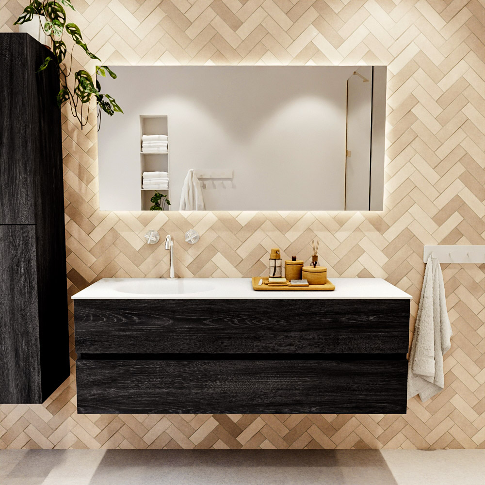 MONDIAZ VICA 140cm mueble de baño Antracite 2 cajones. Lavabo MOON Izquierda 1 orificio color Talc con espejo LED. 2 MONDIAZ VICA 140cm mueble de baño Antracite 2 cajones. Lavabo MOON Izquierda 1 orificio color Talc con espejo LED. - Imagen 2