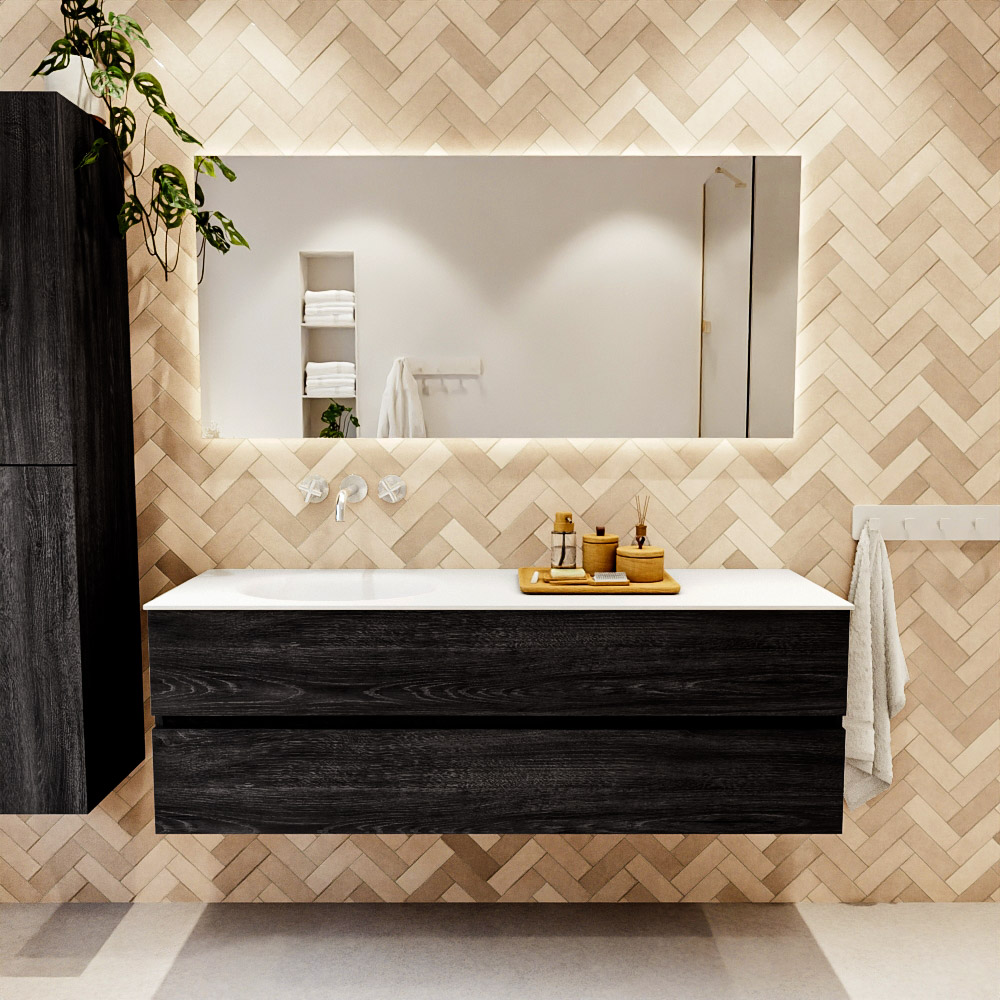 MONDIAZ VICA 150cm mueble de baño Antracite 2 cajones. Lavabo MOON Izquierda sin orificio color Talc con espejo LED. 2 MONDIAZ VICA 150cm mueble de baño Antracite 2 cajones. Lavabo MOON Izquierda sin orificio color Talc con espejo LED. - Imagen 2
