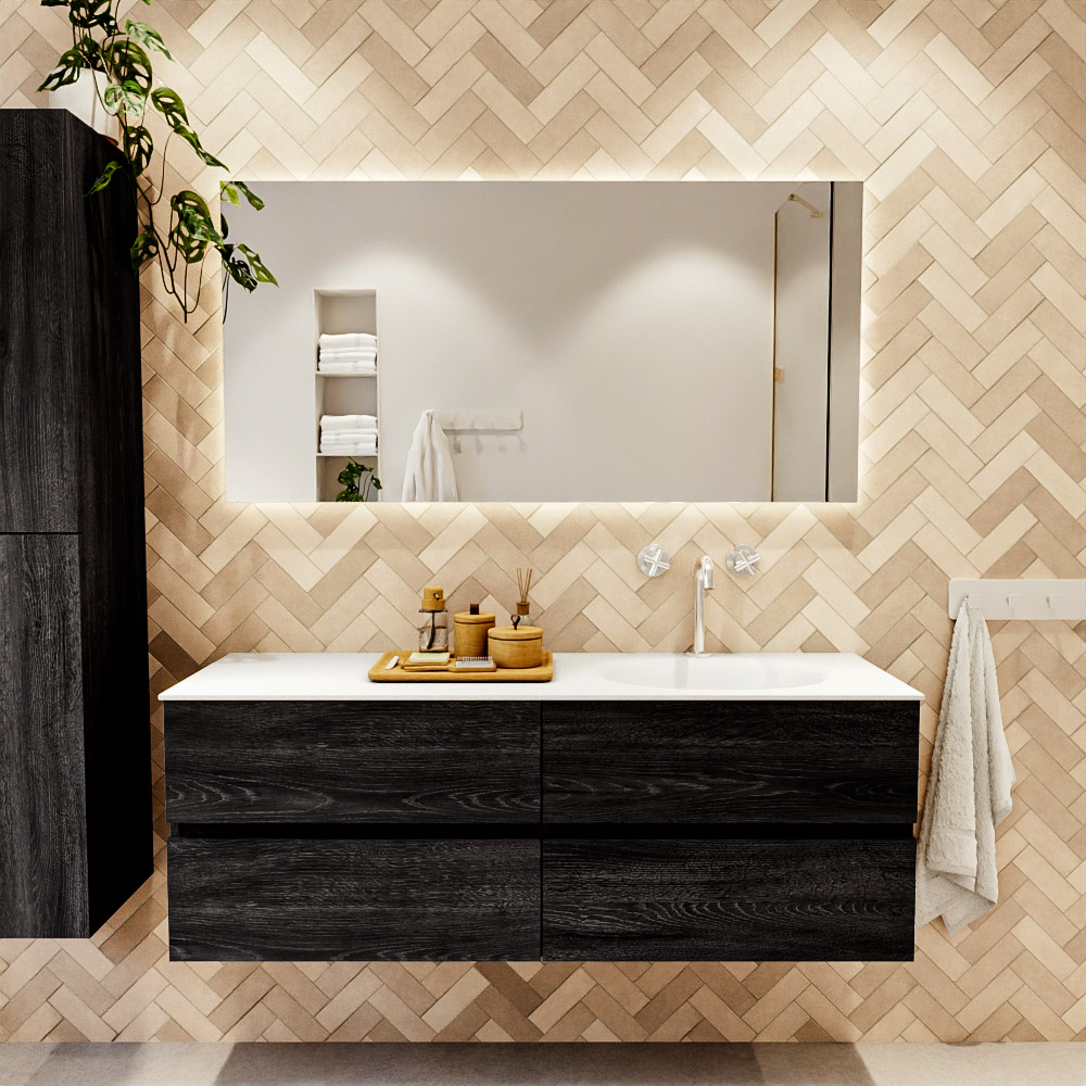 MONDIAZ VICA 140cm mueble de baño Antracite 4 cajones. Lavabo MOON Derecho 1 orificio color Talc con espejo LED. 2 MONDIAZ VICA 140cm mueble de baño Antracite 4 cajones. Lavabo MOON Derecho 1 orificio color Talc con espejo LED. - Imagen 2