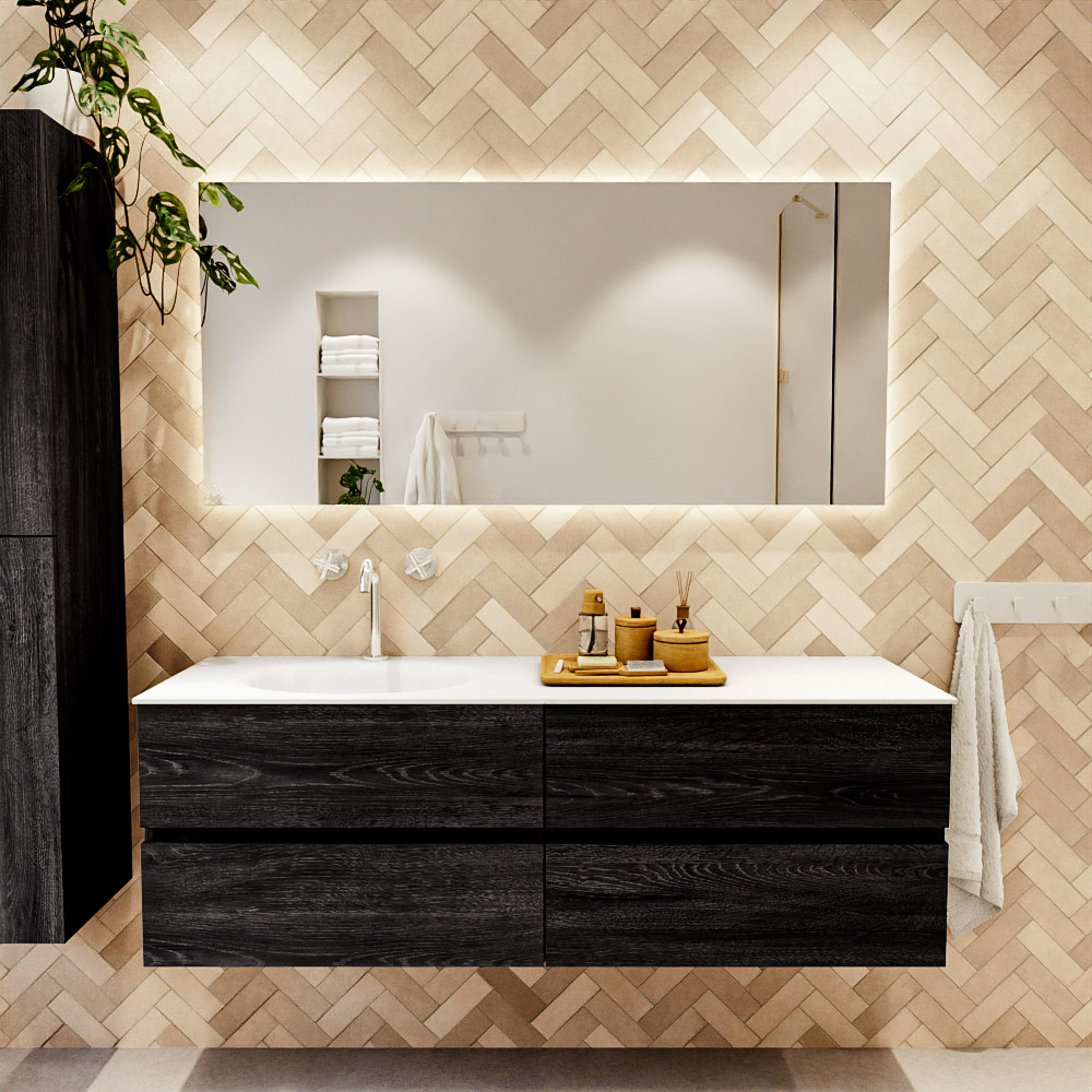 MONDIAZ VICA 150cm mueble de baño Antracite 4 cajones. Lavabo MOON Izquierda 1 orificio color Talc con espejo LED. 2 MONDIAZ VICA 150cm mueble de baño Antracite 4 cajones. Lavabo MOON Izquierda 1 orificio color Talc con espejo LED. - Imagen 2