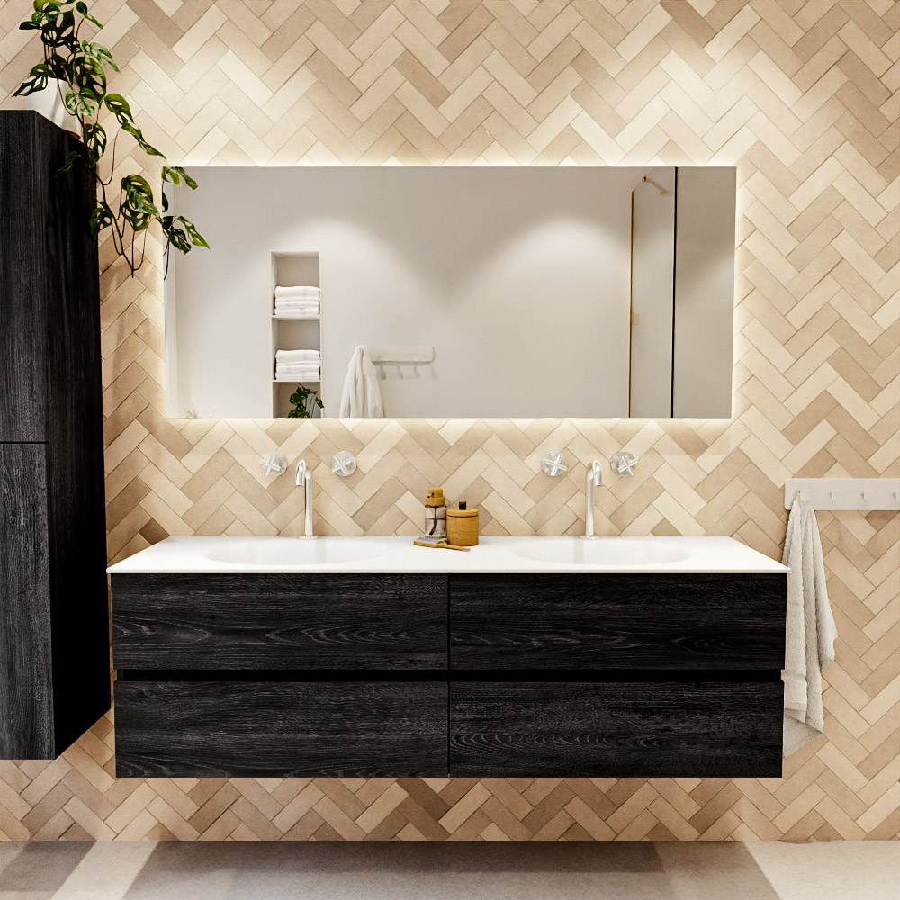 MONDIAZ VICA 160cm mueble de baño Antracite 4 cajones. Lavabo MOON Doble 2 orificios color Talc con espejo LED. 2 MONDIAZ VICA 160cm mueble de baño Antracite 4 cajones. Lavabo MOON Doble 2 orificios color Talc con espejo LED. - Imagen 2