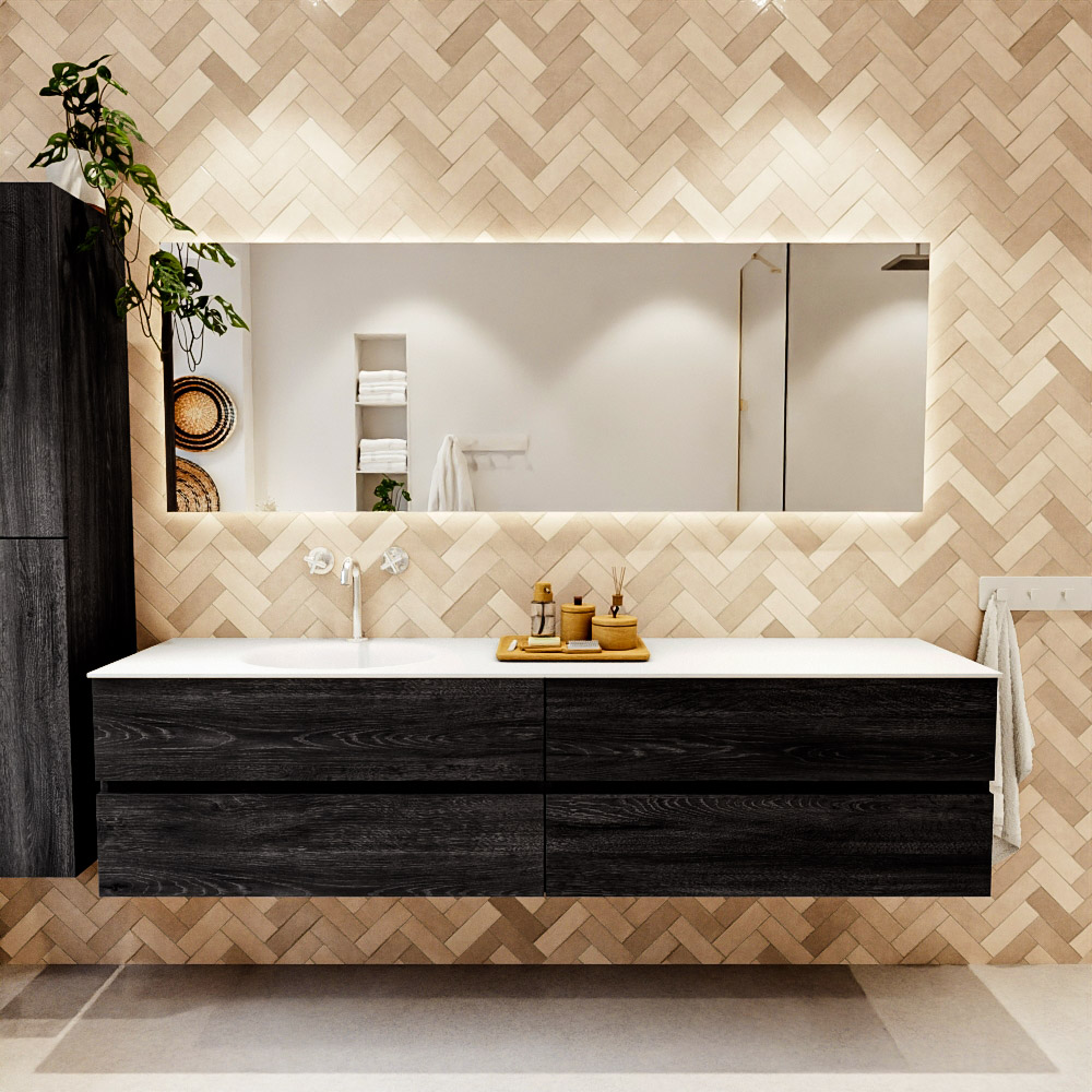 MONDIAZ VICA 200cm mueble de baño Antracite 4 cajones. Lavabo MOON Izquierda 1 orificio color Talc con espejo LED. 2 MONDIAZ VICA 200cm mueble de baño Antracite 4 cajones. Lavabo MOON Izquierda 1 orificio color Talc con espejo LED. - Imagen 2