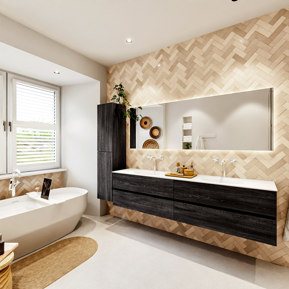 MONDIAZ VICA 200cm mueble de baño Antracite 4 cajones. Lavabo MOON Doble 2 orificios color Talc con espejo LED. 4 MONDIAZ VICA 200cm mueble de baño Antracite 4 cajones. Lavabo MOON Doble 2 orificios color Talc con espejo LED. - Imagen 4
