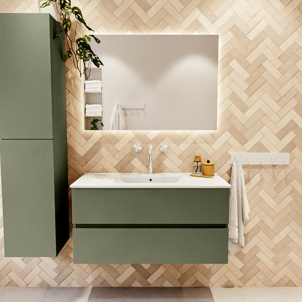 MONDIAZ VICA 100cm mueble de baño Army 2 cajones. Lavabo DENIA Centro 1 orificio color Blanco brillo con espejo LED. 2 MONDIAZ VICA 100cm mueble de baño Army 2 cajones. Lavabo DENIA Centro 1 orificio color Blanco brillo con espejo LED. - Imagen 2