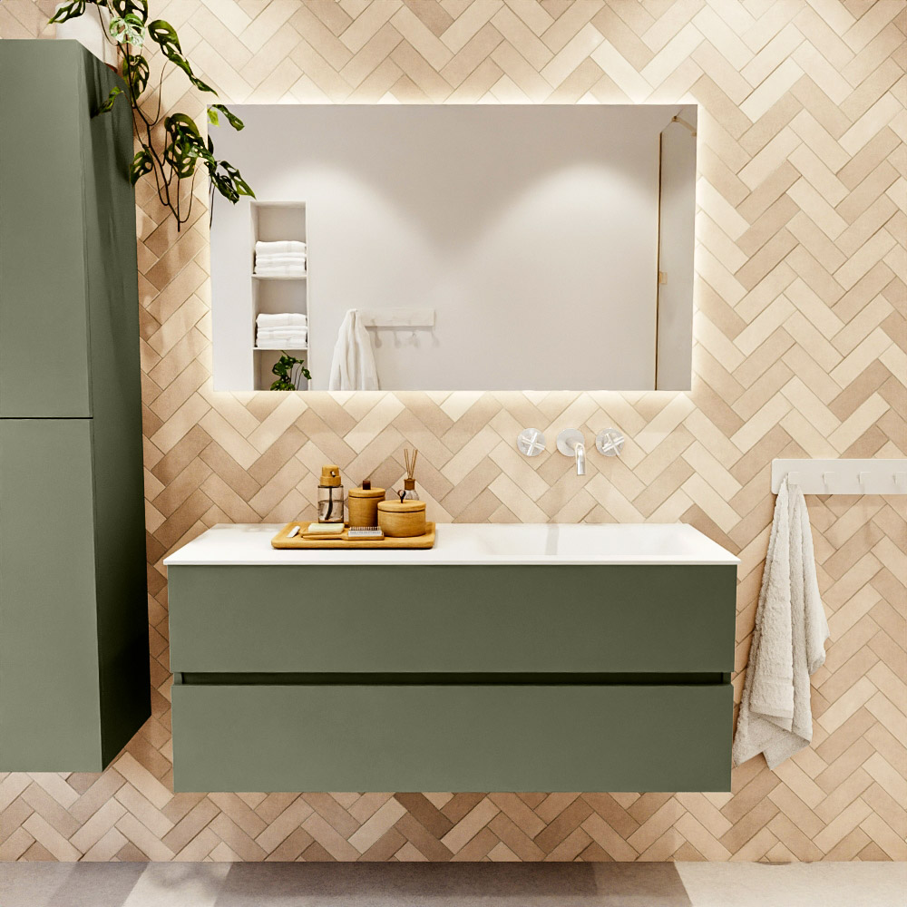 MONDIAZ VICA 120cm mueble de baño Army 2 cajones. Lavabo MOON Derecho sin orificio color Talc con espejo LED. 2 MONDIAZ VICA 120cm mueble de baño Army 2 cajones. Lavabo MOON Derecho sin orificio color Talc con espejo LED. - Imagen 2