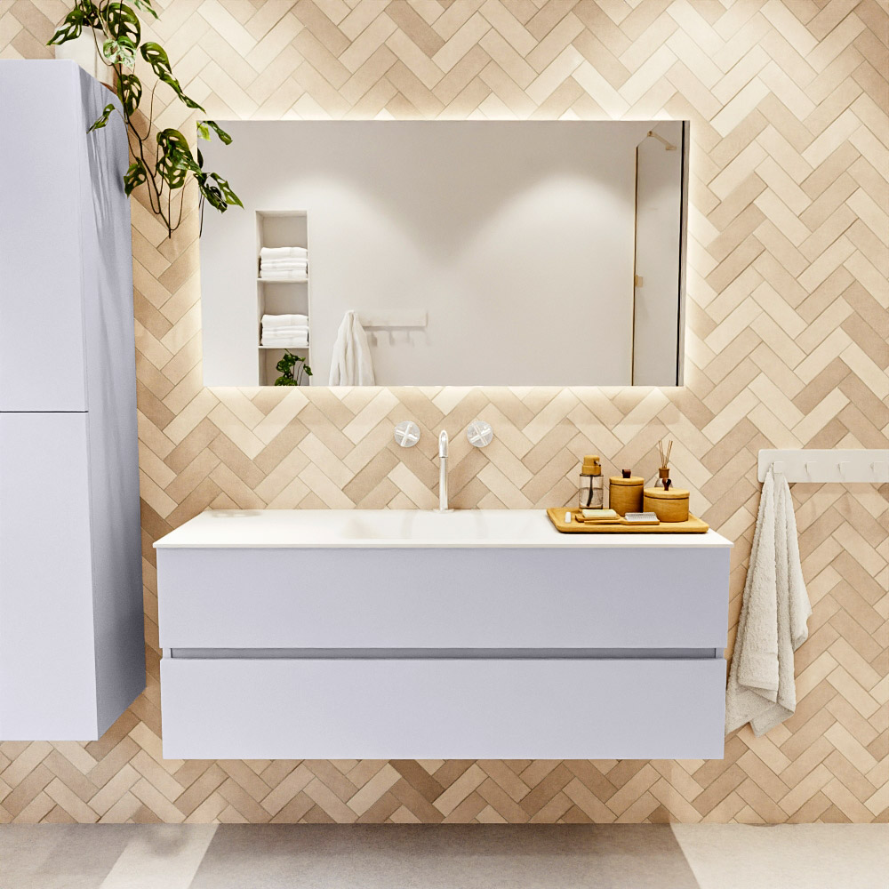 MONDIAZ VICA 130cm mueble de baño Cale 2 cajones. Lavabo CLOUD Centro 1 orificio color Talc con espejo LED. 2 MONDIAZ VICA 130cm mueble de baño Cale 2 cajones. Lavabo CLOUD Centro 1 orificio color Talc con espejo LED. - Imagen 2