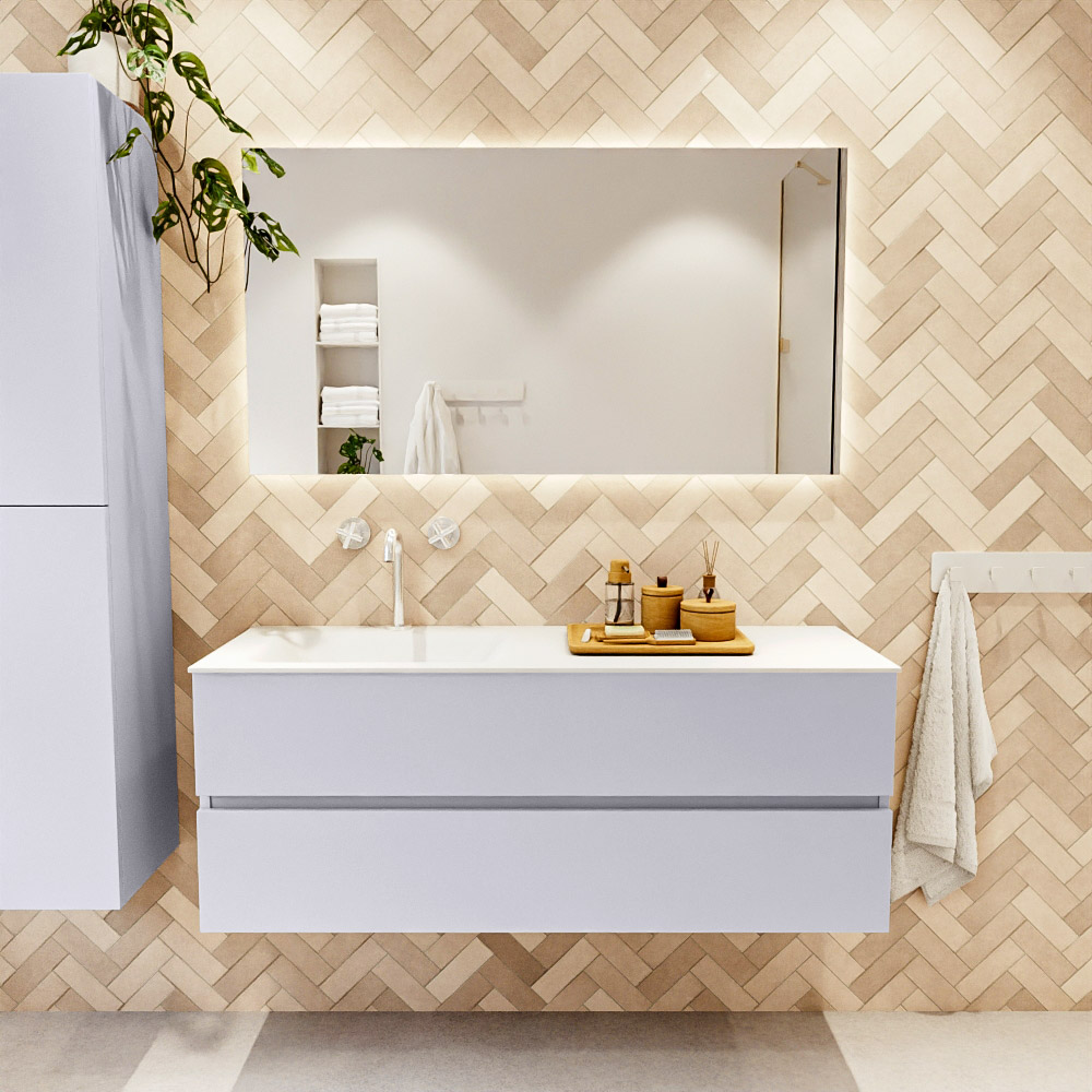MONDIAZ VICA 130cm mueble de baño Cale 2 cajones. Lavabo CLOUD Izquierda 1 orificio color Talc con espejo LED. 2 MONDIAZ VICA 130cm mueble de baño Cale 2 cajones. Lavabo CLOUD Izquierda 1 orificio color Talc con espejo LED. - Imagen 2