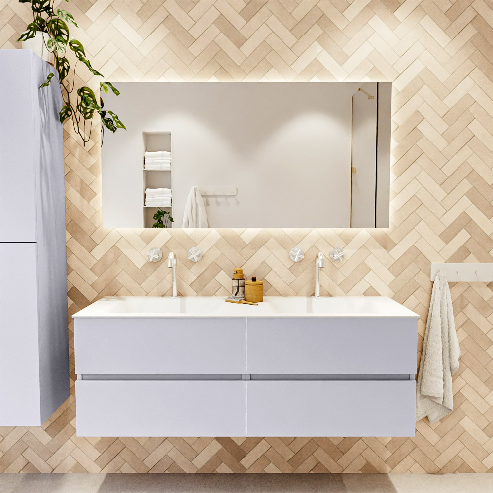 MONDIAZ VICA 140cm mueble de baño Cale 4 cajones. Lavabo CLOUD Doble 2 orificios color Talc con espejo LED. 2 MONDIAZ VICA 140cm mueble de baño Cale 4 cajones. Lavabo CLOUD Doble 2 orificios color Talc con espejo LED. - Imagen 2