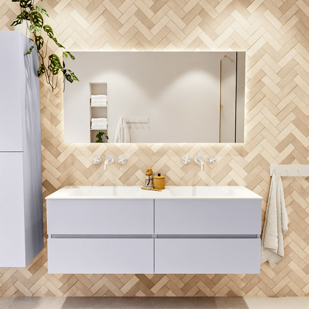 MONDIAZ VICA 140cm mueble de baño Cale 4 cajones. Lavabo CLOUD Doble sin orificio color Talc con espejo LED. 2 MONDIAZ VICA 140cm mueble de baño Cale 4 cajones. Lavabo CLOUD Doble sin orificio color Talc con espejo LED. - Imagen 2