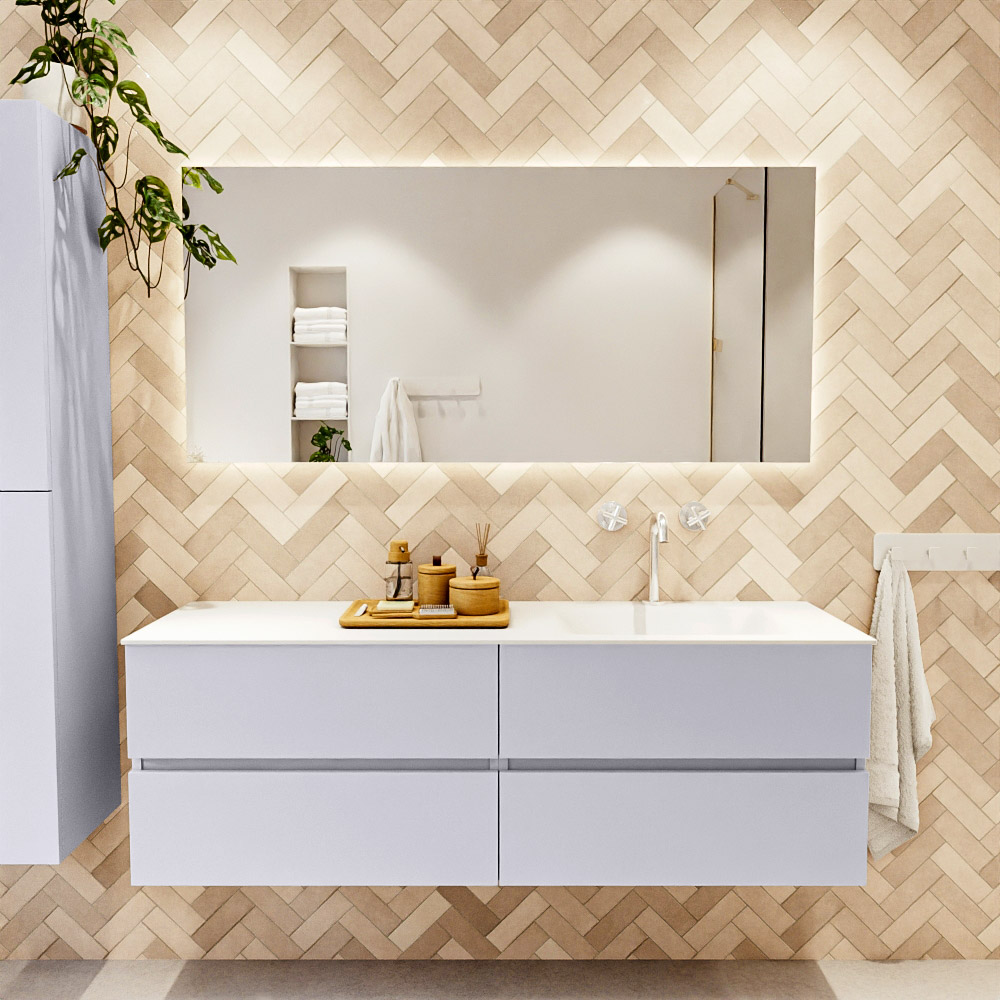 MONDIAZ VICA 150cm mueble de baño Cale 4 cajones. Lavabo CLOUD Derecho 1 orificio color Talc con espejo LED. 2 MONDIAZ VICA 150cm mueble de baño Cale 4 cajones. Lavabo CLOUD Derecho 1 orificio color Talc con espejo LED. - Imagen 2