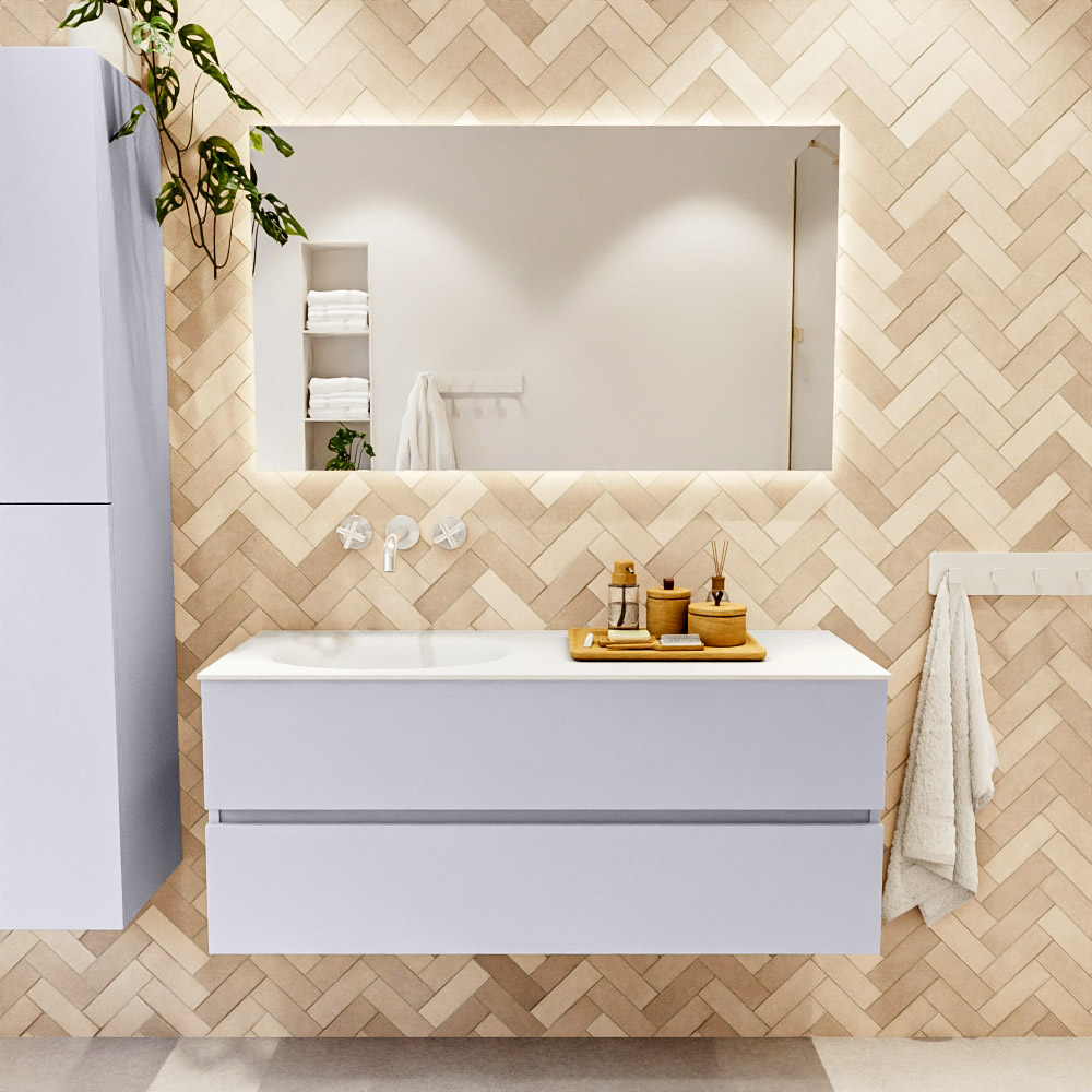 MONDIAZ VICA 120cm mueble de baño Cale 2 cajones. Lavabo MOON Izquierda sin orificio color Talc con espejo LED. 2 MONDIAZ VICA 120cm mueble de baño Cale 2 cajones. Lavabo MOON Izquierda sin orificio color Talc con espejo LED. - Imagen 2