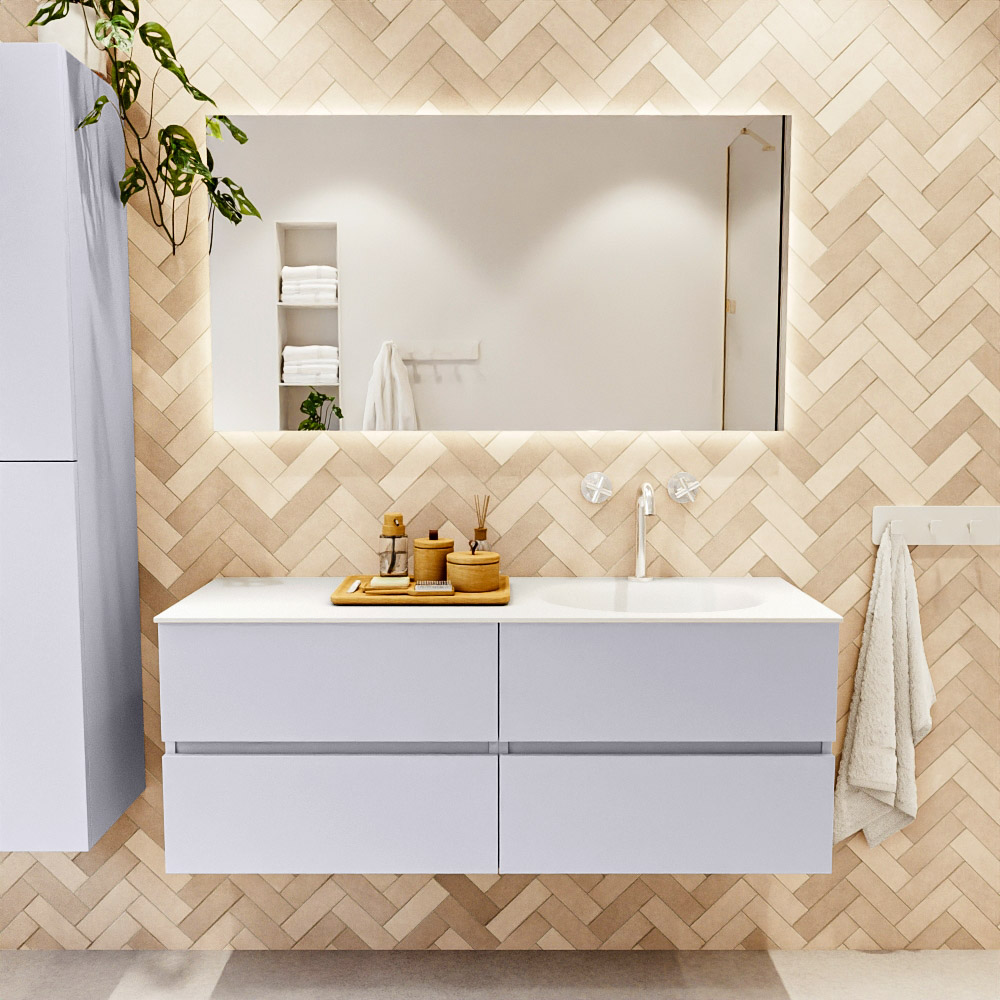 MONDIAZ VICA 130cm mueble de baño Cale 4 cajones. Lavabo MOON Derecho 1 orificio color Talc con espejo LED. 2 MONDIAZ VICA 130cm mueble de baño Cale 4 cajones. Lavabo MOON Derecho 1 orificio color Talc con espejo LED. - Imagen 2