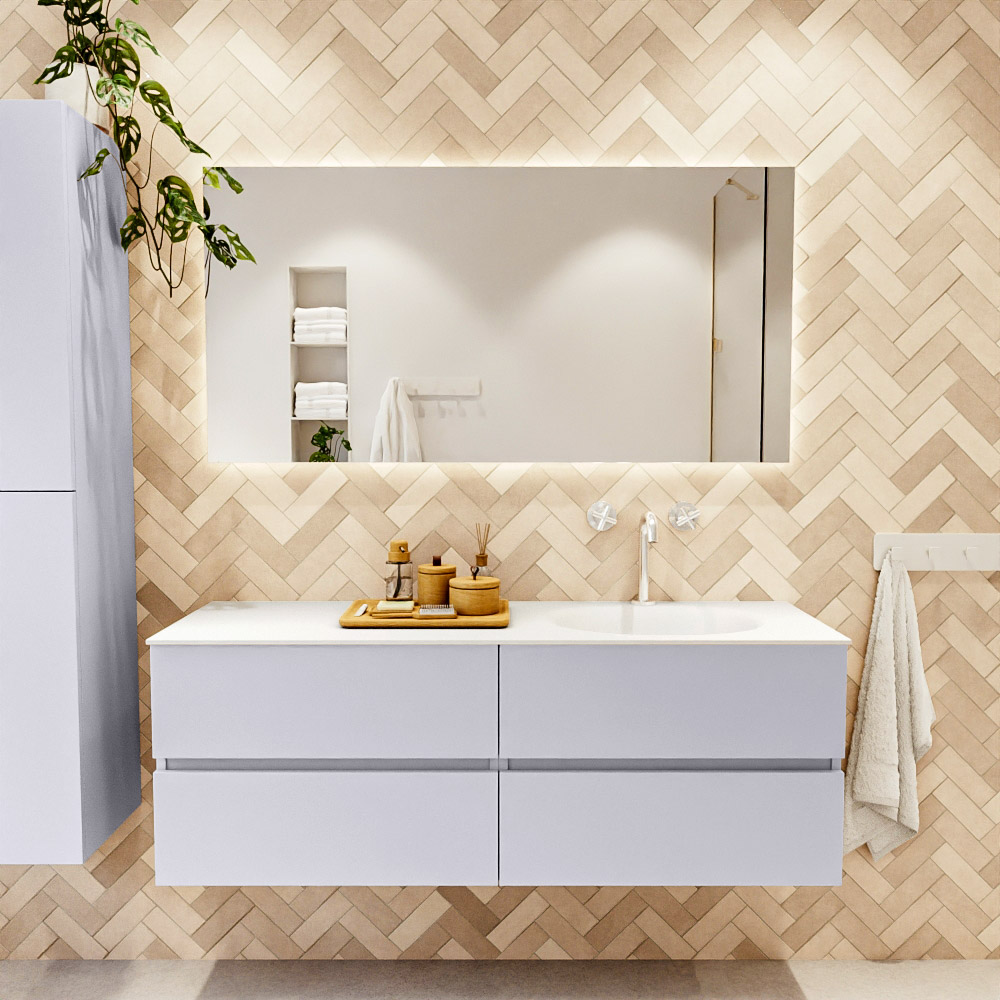 MONDIAZ VICA 140cm mueble de baño Cale 4 cajones. Lavabo MOON Derecho 1 orificio color Talc con espejo LED. 2 MONDIAZ VICA 140cm mueble de baño Cale 4 cajones. Lavabo MOON Derecho 1 orificio color Talc con espejo LED. - Imagen 2