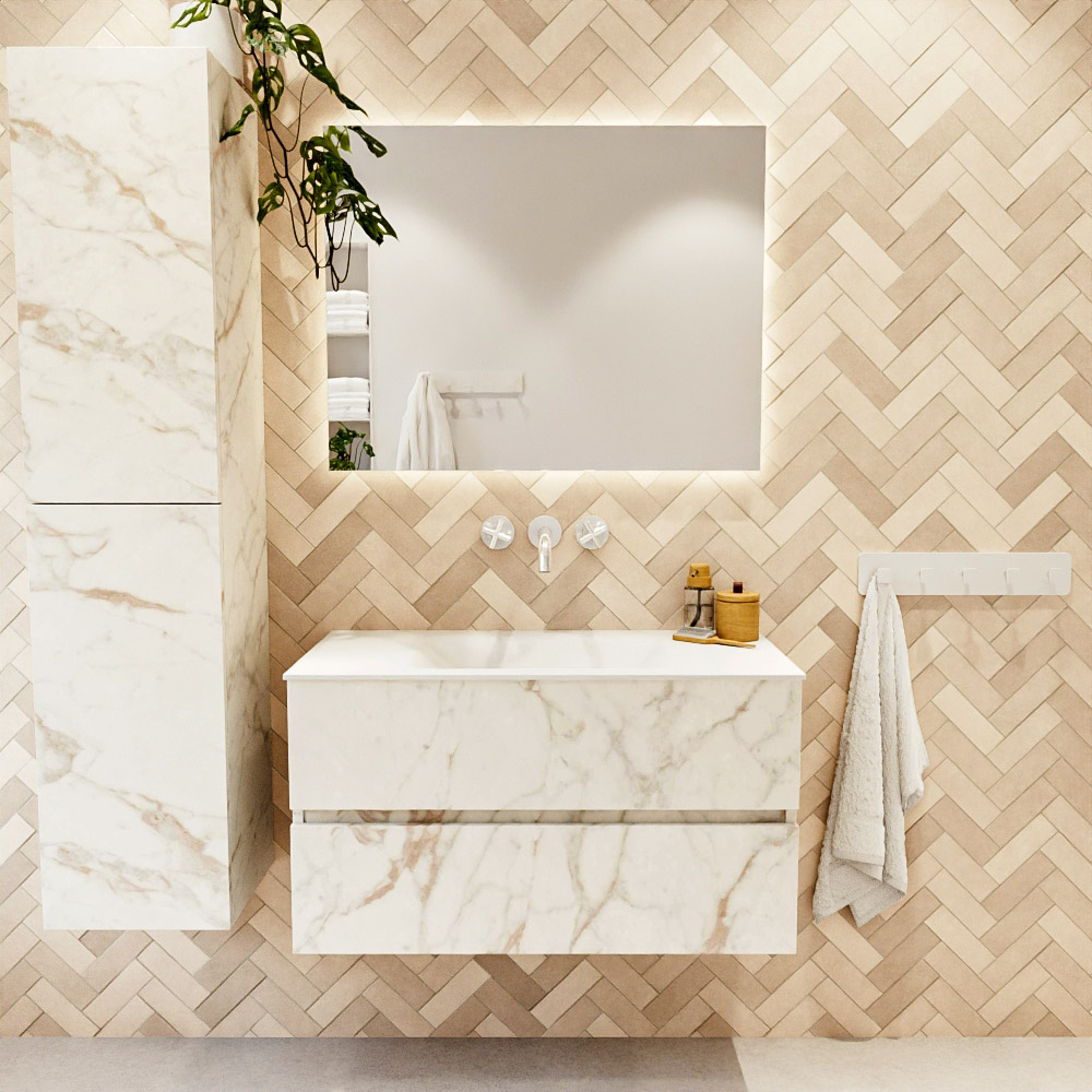 MONDIAZ VICA 90cm mueble de baño Carrara 2 cajones. Lavabo CLOUD Centro sin orificio color Talc con espejo LED. 2 MONDIAZ VICA 90cm mueble de baño Carrara 2 cajones. Lavabo CLOUD Centro sin orificio color Talc con espejo LED. - Imagen 2