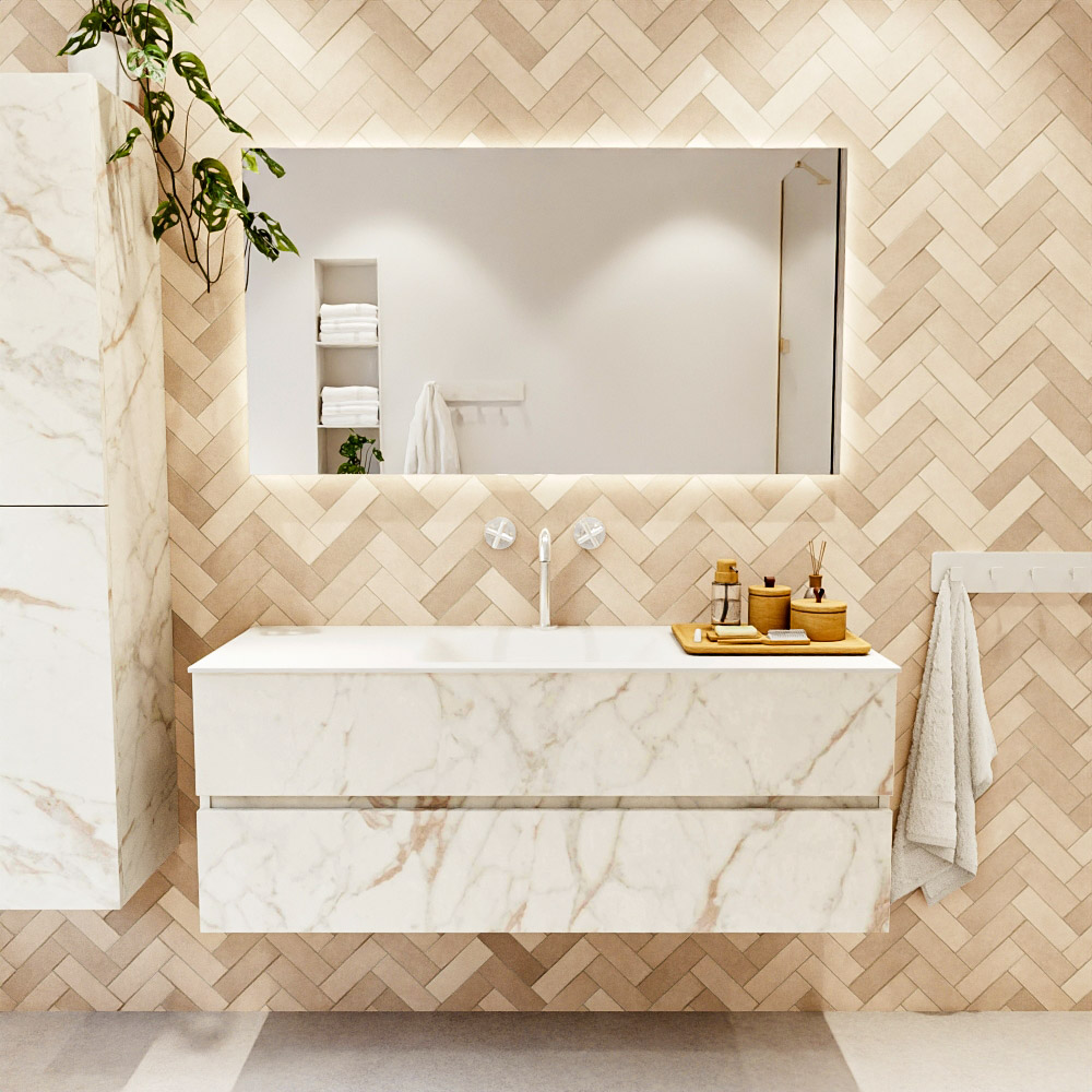 MONDIAZ VICA 130cm mueble de baño Carrara 2 cajones. Lavabo CLOUD Centro 1 orificio color Talc con espejo LED. 2 MONDIAZ VICA 130cm mueble de baño Carrara 2 cajones. Lavabo CLOUD Centro 1 orificio color Talc con espejo LED. - Imagen 2