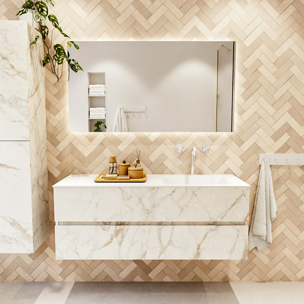 MONDIAZ VICA 130cm mueble de baño Carrara 2 cajones. Lavabo CLOUD Derecho 1 orificio color Talc con espejo LED. 2 MONDIAZ VICA 130cm mueble de baño Carrara 2 cajones. Lavabo CLOUD Derecho 1 orificio color Talc con espejo LED. - Imagen 2