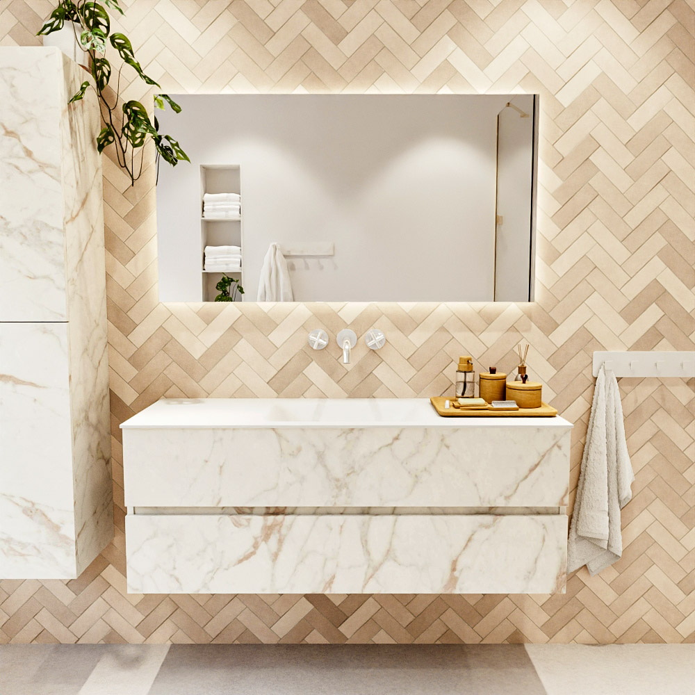 MONDIAZ VICA 130cm mueble de baño Carrara 2 cajones. Lavabo CLOUD Centro sin orificio color Talc con espejo LED. 2 MONDIAZ VICA 130cm mueble de baño Carrara 2 cajones. Lavabo CLOUD Centro sin orificio color Talc con espejo LED. - Imagen 2