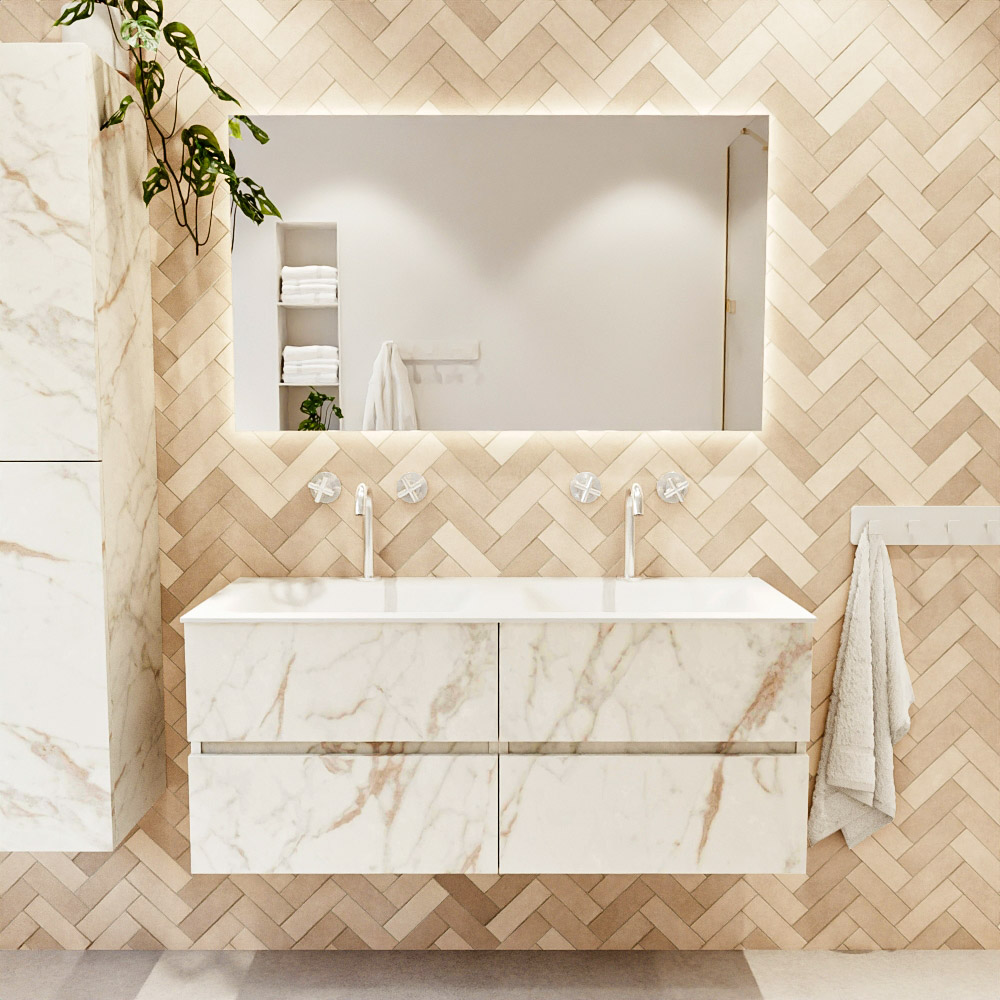 MONDIAZ VICA 120cm mueble de baño Carrara 4 cajones. Lavabo CLOUD Doble 2 orificios color Talc con espejo LED. 2 MONDIAZ VICA 120cm mueble de baño Carrara 4 cajones. Lavabo CLOUD Doble 2 orificios color Talc con espejo LED. - Imagen 2