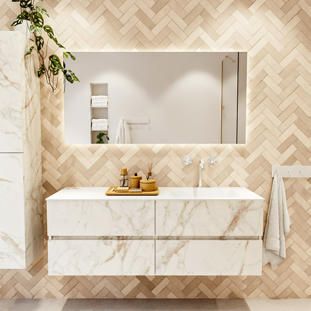 MONDIAZ VICA 140cm mueble de baño Carrara 4 cajones. Lavabo CLOUD Derecho 1 orificio color Talc con espejo LED. 2 MONDIAZ VICA 140cm mueble de baño Carrara 4 cajones. Lavabo CLOUD Derecho 1 orificio color Talc con espejo LED. - Imagen 2