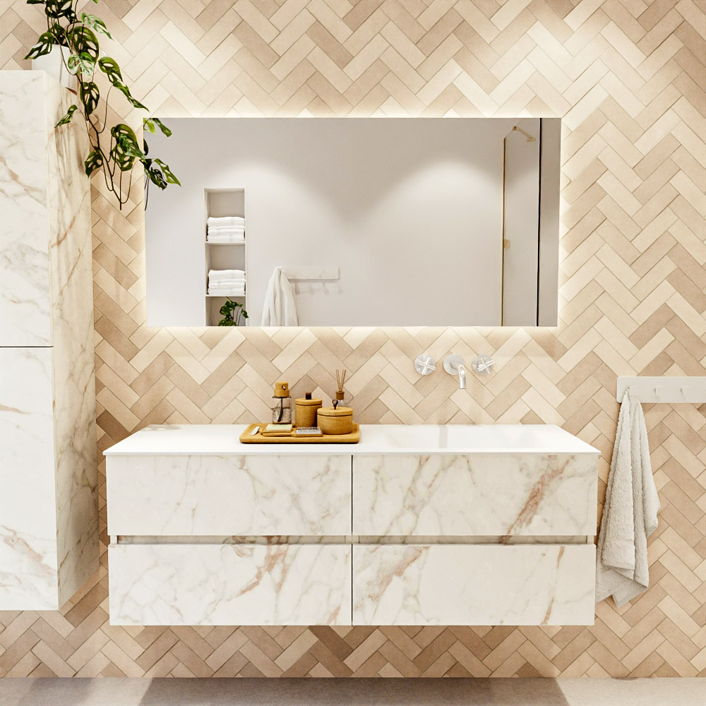 MONDIAZ VICA 140cm mueble de baño Carrara 4 cajones. Lavabo CLOUD Derecho sin orificio color Talc con espejo LED. 2 MONDIAZ VICA 140cm mueble de baño Carrara 4 cajones. Lavabo CLOUD Derecho sin orificio color Talc con espejo LED. - Imagen 2