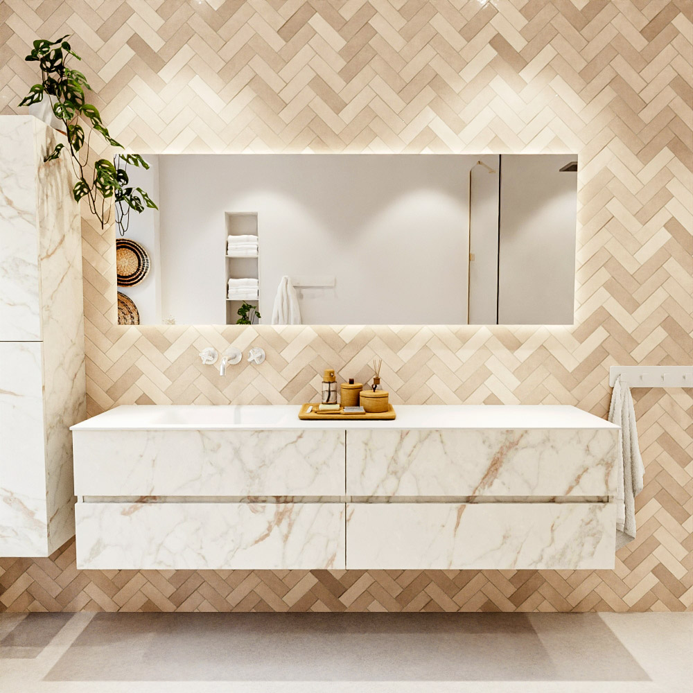 MONDIAZ VICA 190cm mueble de baño Carrara 4 cajones. Lavabo CLOUD Izquierda sin orificio color Talc con espejo LED. 2 MONDIAZ VICA 190cm mueble de baño Carrara 4 cajones. Lavabo CLOUD Izquierda sin orificio color Talc con espejo LED. - Imagen 2