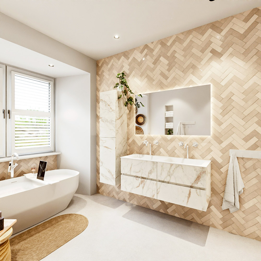 MONDIAZ VICA 120cm mueble de baño Carrara 4 cajones. Lavabo CLOUD Doble 2 orificios color Talc con espejo LED. 4 MONDIAZ VICA 120cm mueble de baño Carrara 4 cajones. Lavabo CLOUD Doble 2 orificios color Talc con espejo LED. - Imagen 4