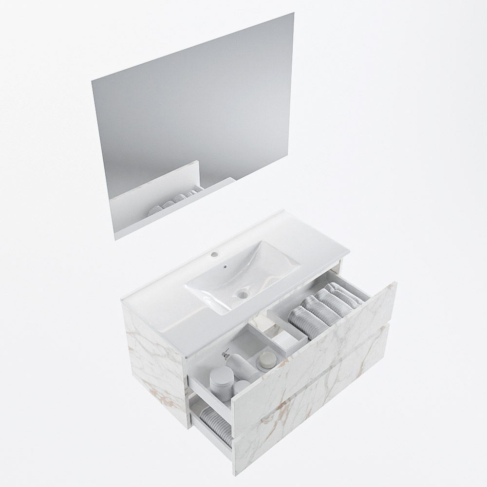 MONDIAZ VICA 100cm mueble de baño Carrara 2 cajones. Lavabo DENIA Centro 1 orificio color Blanco brillo con espejo LED. 7 MONDIAZ VICA 100cm mueble de baño Carrara 2 cajones. Lavabo DENIA Centro 1 orificio color Blanco brillo con espejo LED. - Imagen 7