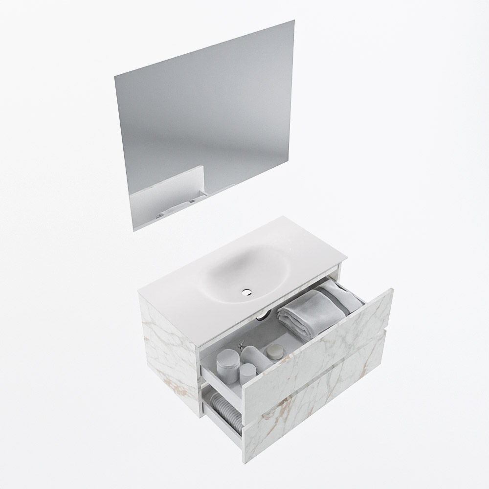 MONDIAZ VICA 90cm mueble de baño Carrara 2 cajones. Lavabo MOON Centro 1 orificio color Talc con espejo LED. 7 MONDIAZ VICA 90cm mueble de baño Carrara 2 cajones. Lavabo MOON Centro 1 orificio color Talc con espejo LED. - Imagen 7