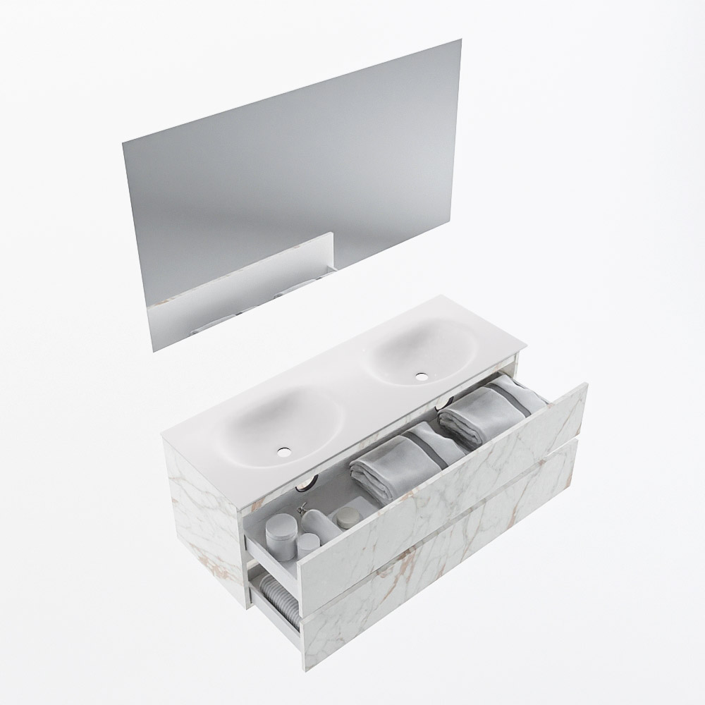 MONDIAZ VICA 130cm mueble de baño Carrara 2 cajones. Lavabo MOON Doble 2 orificios color Talc con espejo LED. 6 MONDIAZ VICA 130cm mueble de baño Carrara 2 cajones. Lavabo MOON Doble 2 orificios color Talc con espejo LED. - Imagen 7