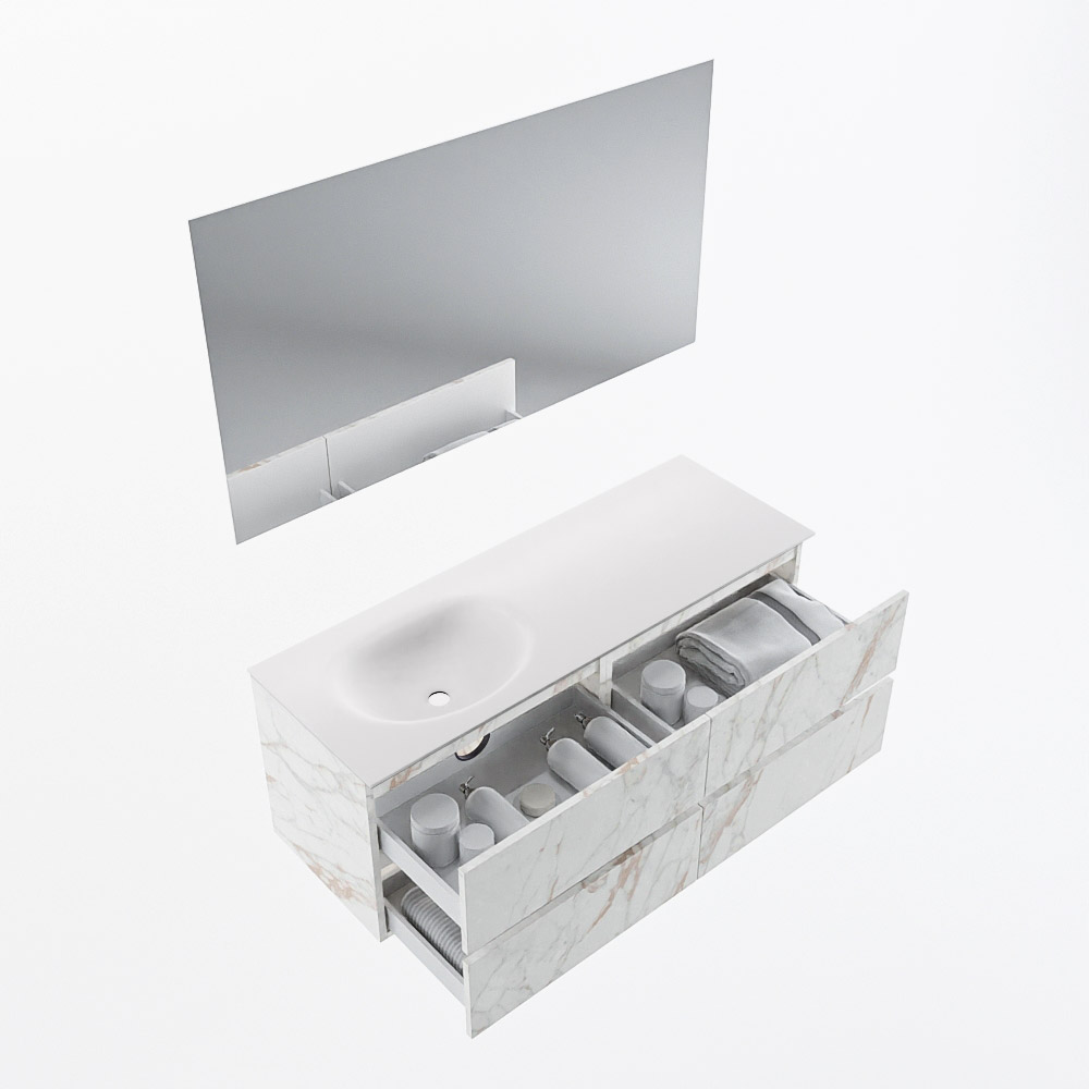MONDIAZ VICA 130cm mueble de baño Carrara 4 cajones. Lavabo MOON Izquierda 1 orificio color Talc con espejo LED. 6 MONDIAZ VICA 130cm mueble de baño Carrara 4 cajones. Lavabo MOON Izquierda 1 orificio color Talc con espejo LED. - Imagen 7
