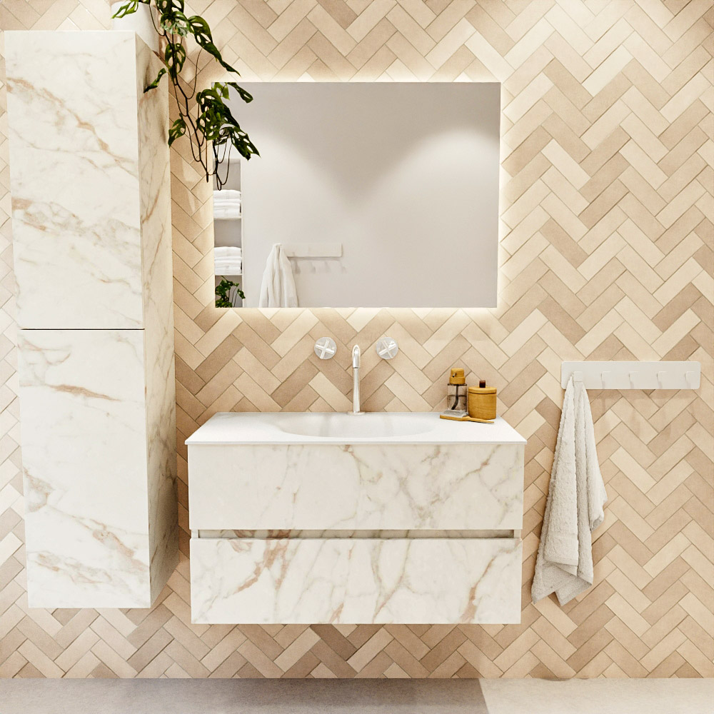 MONDIAZ VICA 90cm mueble de baño Carrara 2 cajones. Lavabo MOON Centro 1 orificio color Talc con espejo LED. 2 MONDIAZ VICA 90cm mueble de baño Carrara 2 cajones. Lavabo MOON Centro 1 orificio color Talc con espejo LED. - Imagen 2