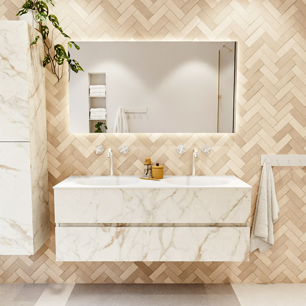 MONDIAZ VICA 130cm mueble de baño Carrara 2 cajones. Lavabo MOON Doble 2 orificios color Talc con espejo LED. 2 MONDIAZ VICA 130cm mueble de baño Carrara 2 cajones. Lavabo MOON Doble 2 orificios color Talc con espejo LED. - Imagen 2