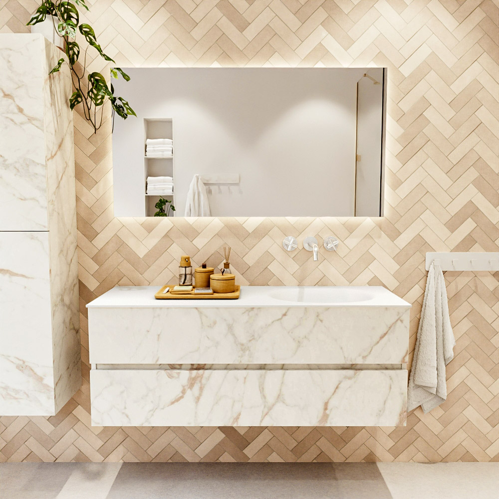 MONDIAZ VICA 130cm mueble de baño Carrara 2 cajones. Lavabo MOON Derecho sin orificio color Talc con espejo LED. 2 MONDIAZ VICA 130cm mueble de baño Carrara 2 cajones. Lavabo MOON Derecho sin orificio color Talc con espejo LED. - Imagen 2