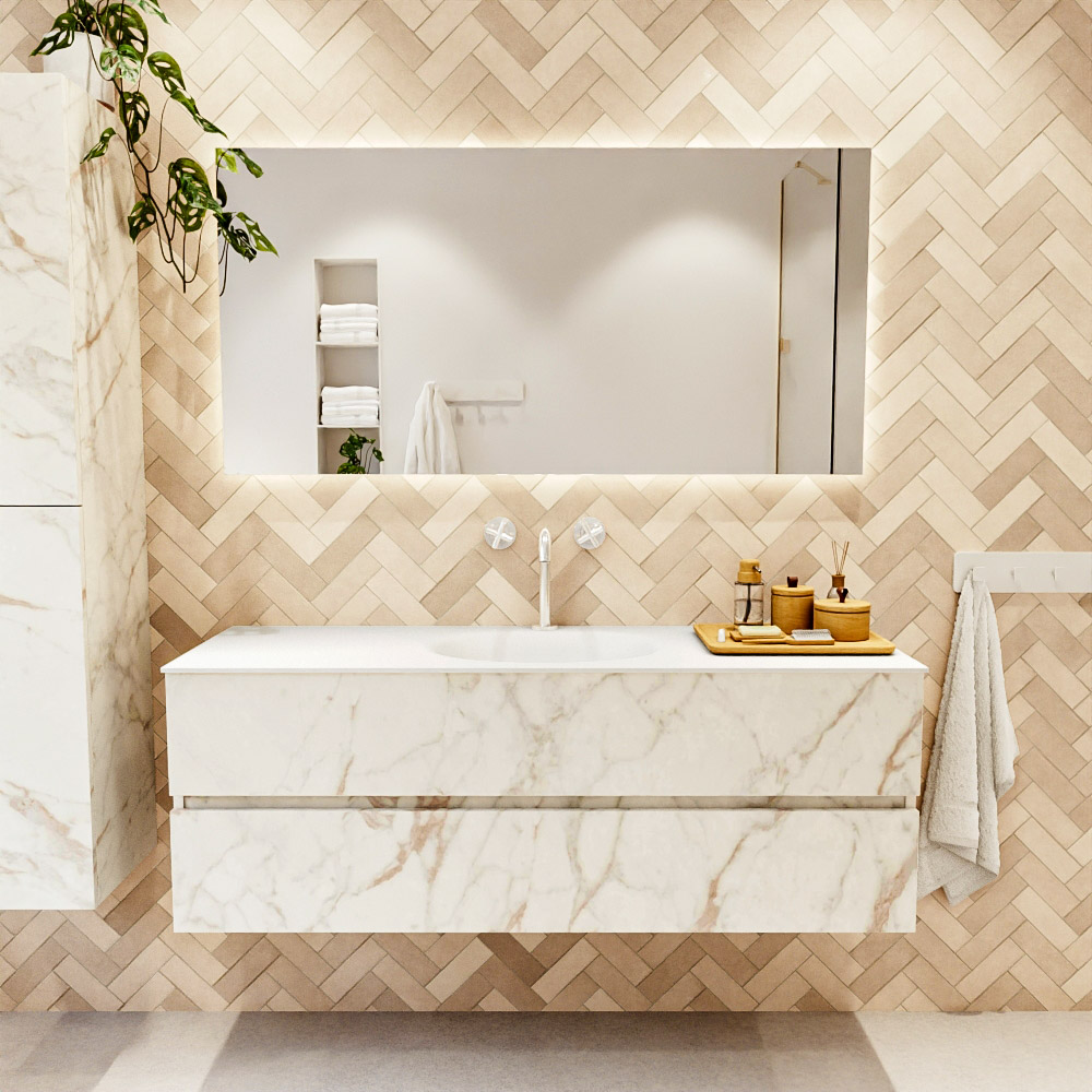 MONDIAZ VICA 140cm mueble de baño Carrara 2 cajones. Lavabo MOON Centro 1 orificio color Talc con espejo LED. 2 MONDIAZ VICA 140cm mueble de baño Carrara 2 cajones. Lavabo MOON Centro 1 orificio color Talc con espejo LED. - Imagen 2