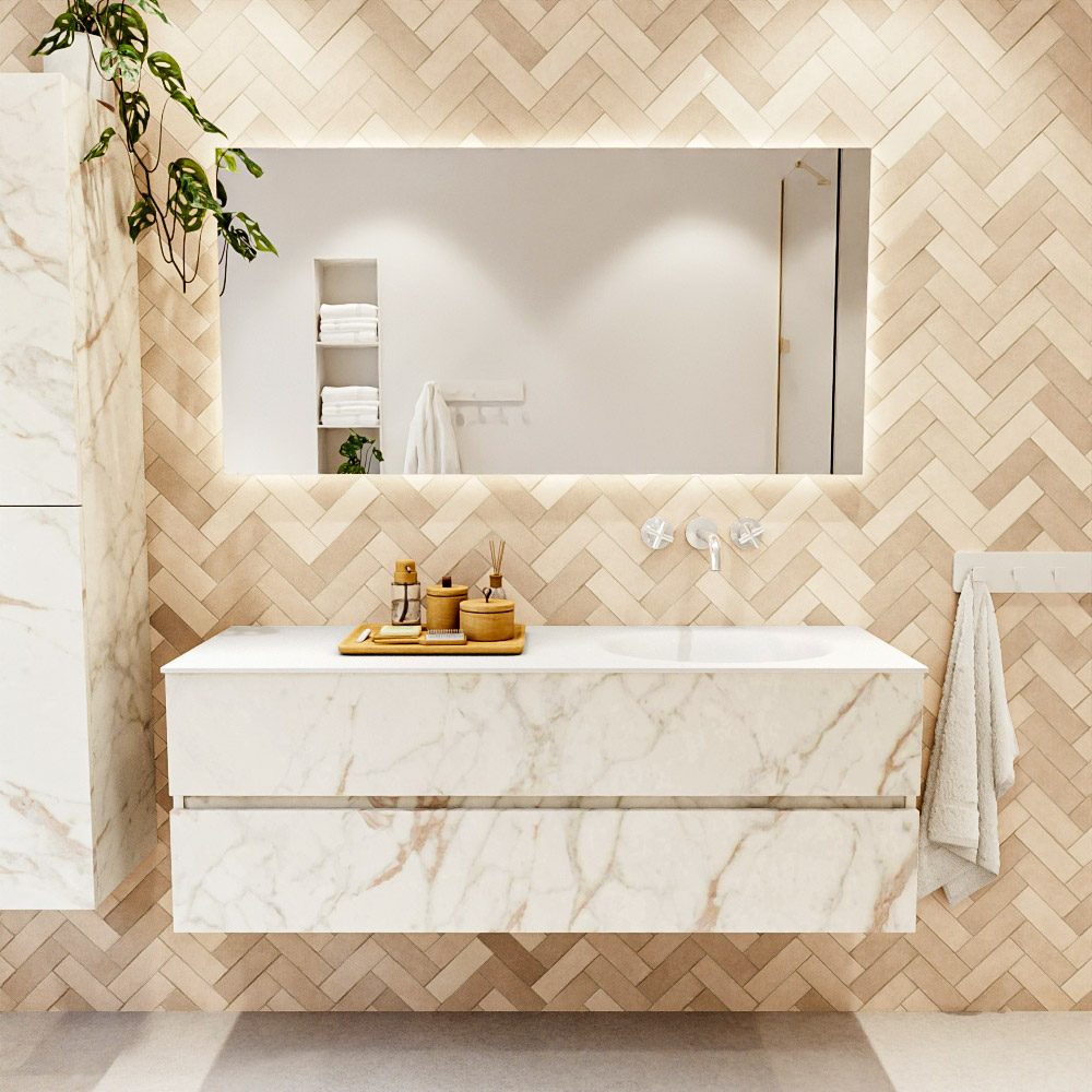 MONDIAZ VICA 140cm mueble de baño Carrara 2 cajones. Lavabo MOON Derecho sin orificio color Talc con espejo LED. 2 MONDIAZ VICA 140cm mueble de baño Carrara 2 cajones. Lavabo MOON Derecho sin orificio color Talc con espejo LED. - Imagen 2
