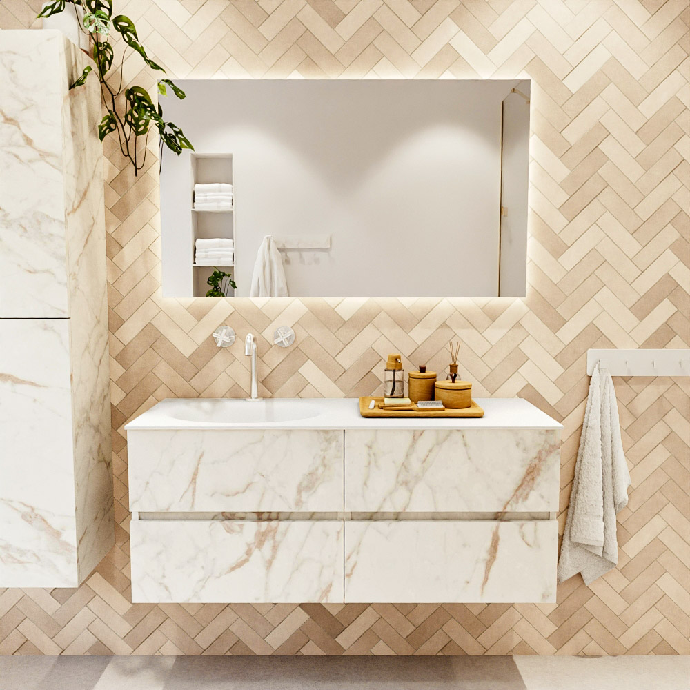 MONDIAZ VICA 120cm mueble de baño Carrara 4 cajones. Lavabo MOON Izquierda 1 orificio color Talc con espejo LED. 2 MONDIAZ VICA 120cm mueble de baño Carrara 4 cajones. Lavabo MOON Izquierda 1 orificio color Talc con espejo LED. - Imagen 2