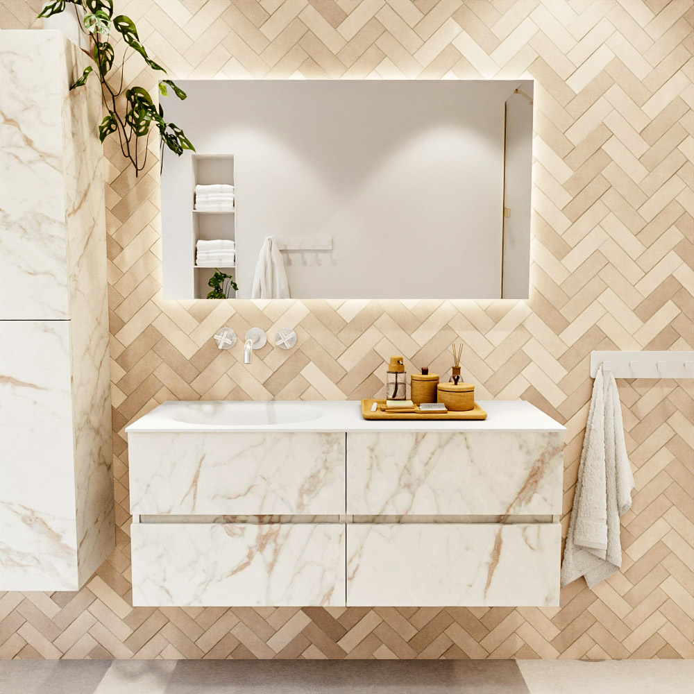 MONDIAZ VICA 120cm mueble de baño Carrara 4 cajones. Lavabo MOON Izquierda sin orificio color Talc con espejo LED. 2 MONDIAZ VICA 120cm mueble de baño Carrara 4 cajones. Lavabo MOON Izquierda sin orificio color Talc con espejo LED. - Imagen 2