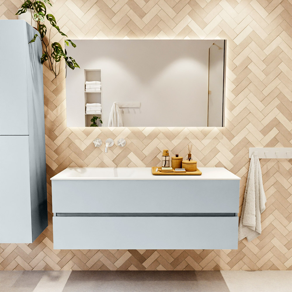 MONDIAZ VICA 130cm mueble de baño Clay 2 cajones. Lavabo CLOUD Izquierda sin orificio color Talc con espejo LED. 2 MONDIAZ VICA 130cm mueble de baño Clay 2 cajones. Lavabo CLOUD Izquierda sin orificio color Talc con espejo LED. - Imagen 2