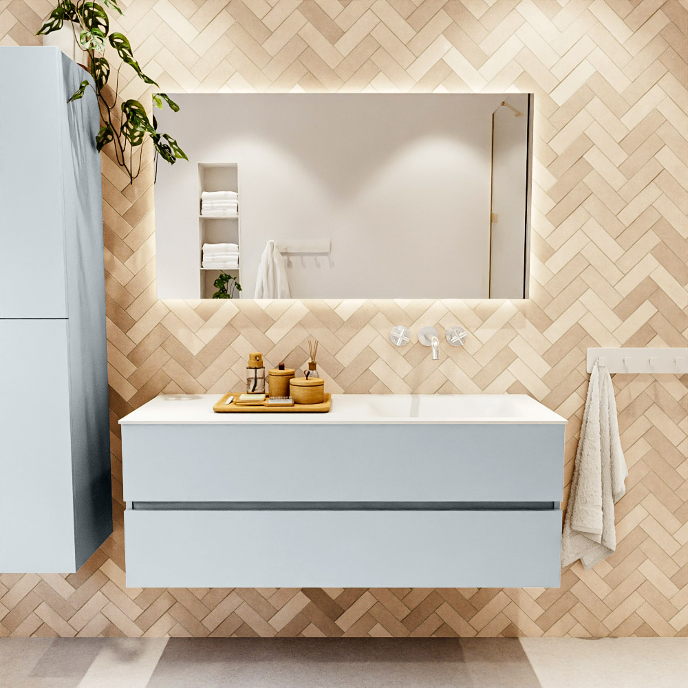 MONDIAZ VICA 130cm mueble de baño Clay 2 cajones. Lavabo CLOUD Derecho sin orificio color Talc con espejo LED. 2 MONDIAZ VICA 130cm mueble de baño Clay 2 cajones. Lavabo CLOUD Derecho sin orificio color Talc con espejo LED. - Imagen 2