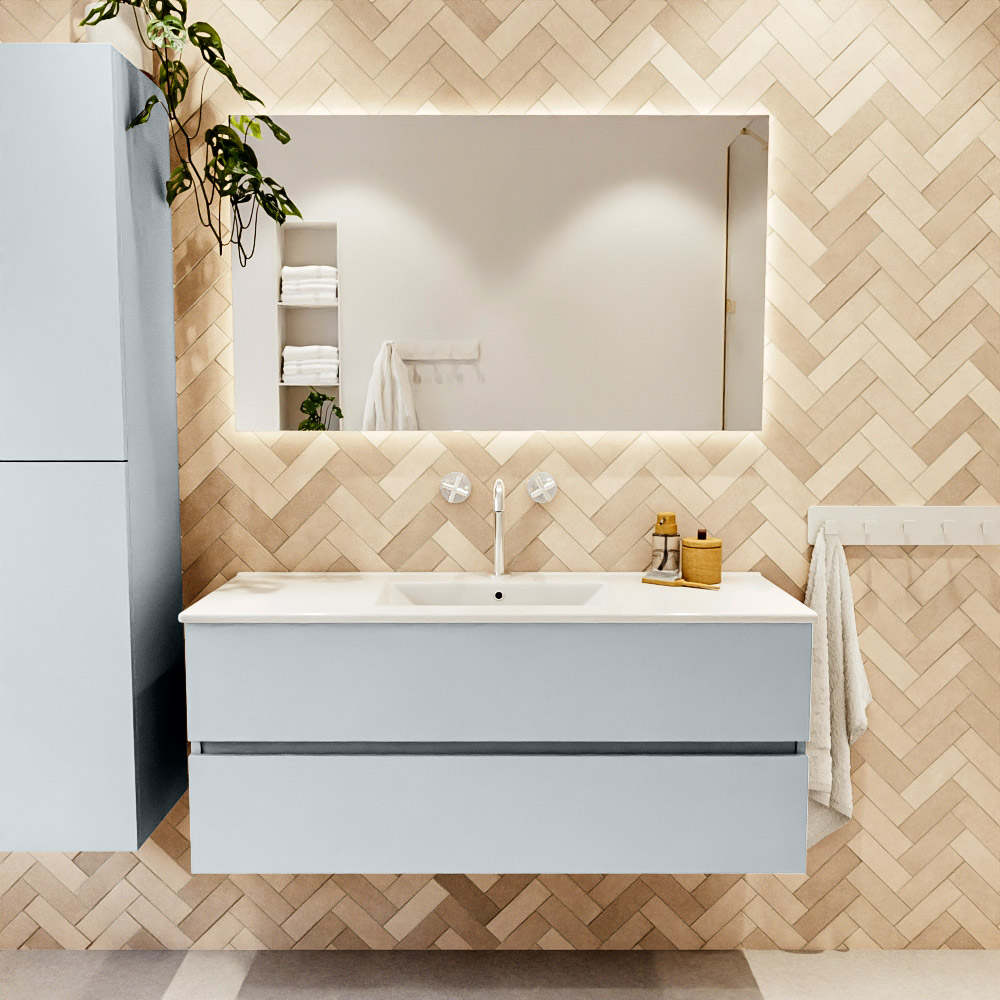 MONDIAZ VICA 120cm mueble de baño Clay 2 cajones. Lavabo DENIA Centro 1 orificio color Blanco brillo con espejo LED. 2 MONDIAZ VICA 120cm mueble de baño Clay 2 cajones. Lavabo DENIA Centro 1 orificio color Blanco brillo con espejo LED. - Imagen 2