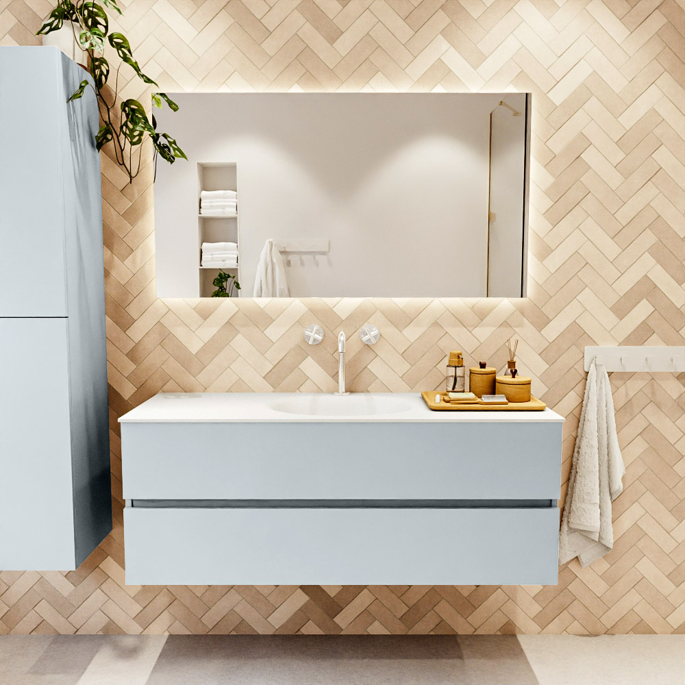 MONDIAZ VICA 130cm mueble de baño Clay 2 cajones. Lavabo MOON Centro 1 orificio color Talc con espejo LED. 2 MONDIAZ VICA 130cm mueble de baño Clay 2 cajones. Lavabo MOON Centro 1 orificio color Talc con espejo LED. - Imagen 2