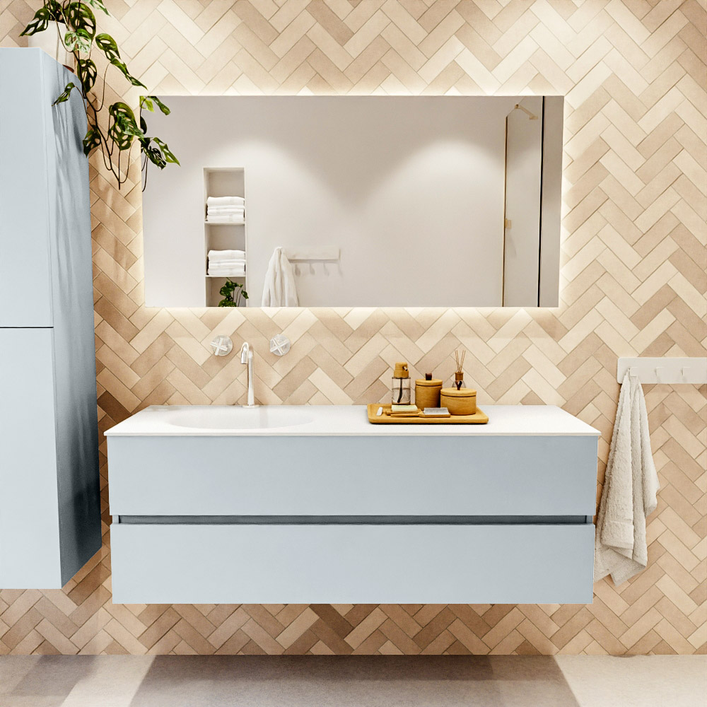 MONDIAZ VICA 140cm mueble de baño Clay 2 cajones. Lavabo MOON Izquierda 1 orificio color Talc con espejo LED. 2 MONDIAZ VICA 140cm mueble de baño Clay 2 cajones. Lavabo MOON Izquierda 1 orificio color Talc con espejo LED. - Imagen 2