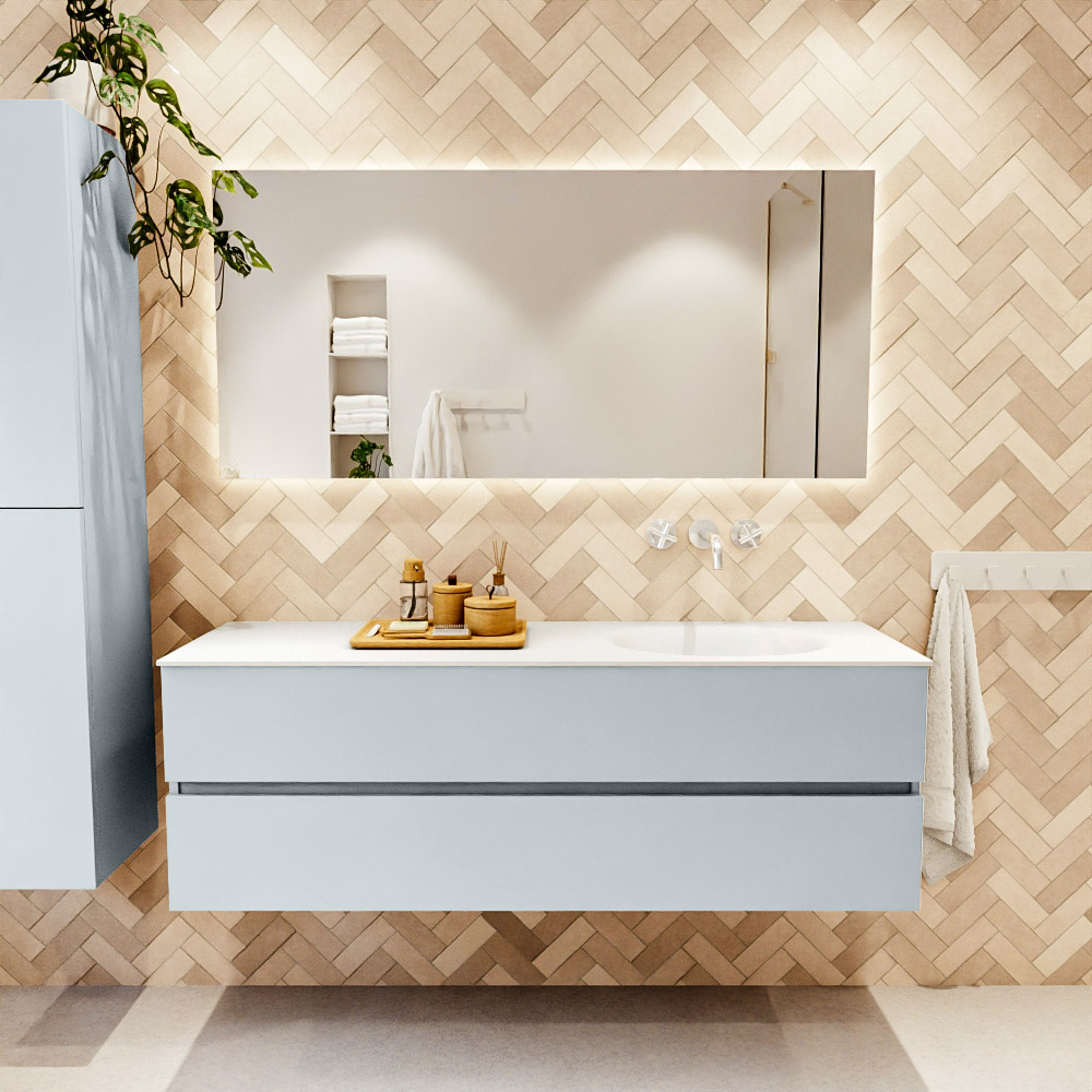 MONDIAZ VICA 150cm mueble de baño Clay 2 cajones. Lavabo MOON Derecho sin orificio color Talc con espejo LED. 2 MONDIAZ VICA 150cm mueble de baño Clay 2 cajones. Lavabo MOON Derecho sin orificio color Talc con espejo LED. - Imagen 2