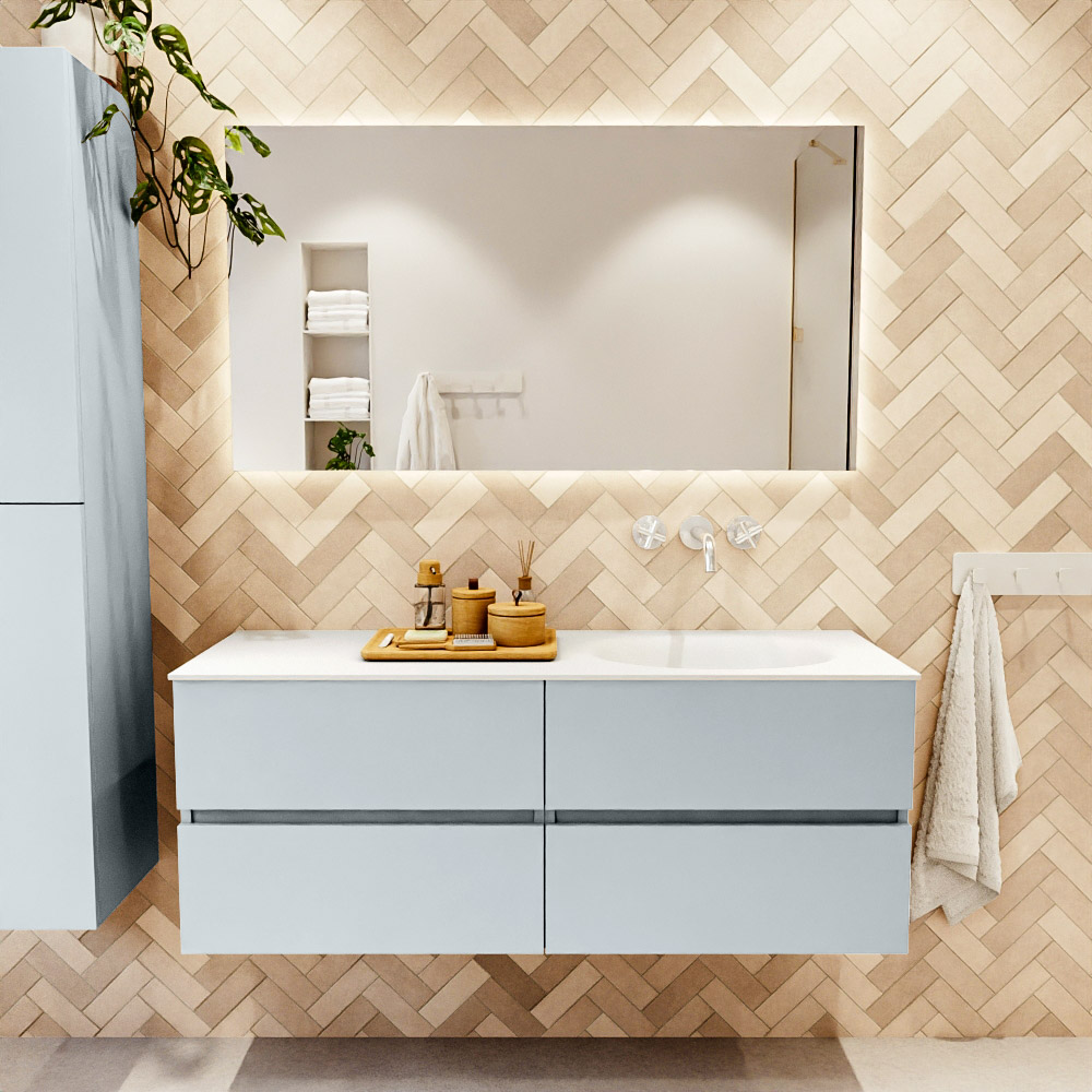 MONDIAZ VICA 130cm mueble de baño Clay 4 cajones. Lavabo MOON Derecho sin orificio color Talc con espejo LED. 2 MONDIAZ VICA 130cm mueble de baño Clay 4 cajones. Lavabo MOON Derecho sin orificio color Talc con espejo LED. - Imagen 2