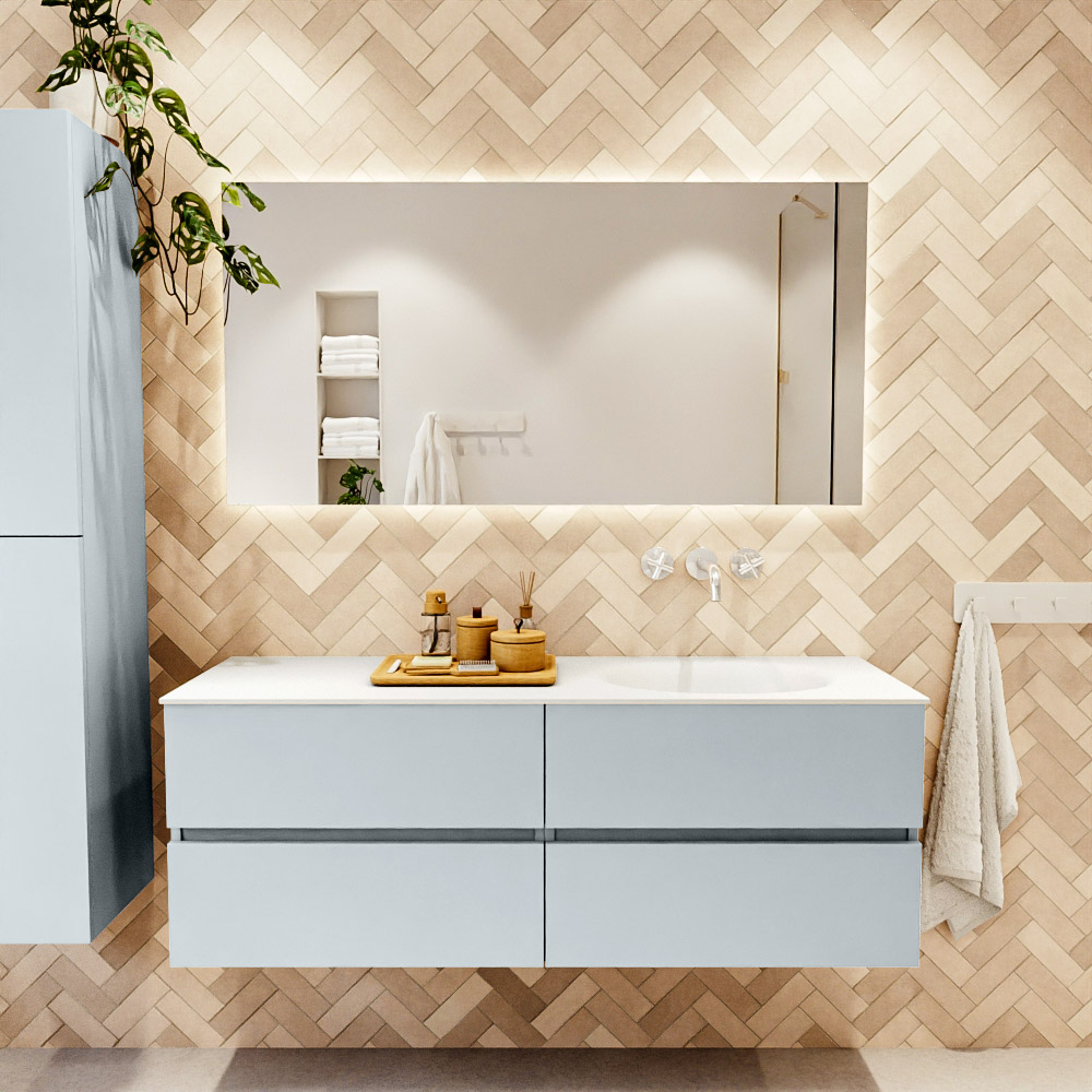 MONDIAZ VICA 140cm mueble de baño Clay 4 cajones. Lavabo MOON Derecho sin orificio color Talc con espejo LED. 2 MONDIAZ VICA 140cm mueble de baño Clay 4 cajones. Lavabo MOON Derecho sin orificio color Talc con espejo LED. - Imagen 2