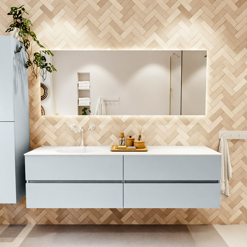 MONDIAZ VICA 180cm mueble de baño Clay 4 cajones. Lavabo MOON Izquierda 1 orificio color Talc con espejo LED. 2 MONDIAZ VICA 180cm mueble de baño Clay 4 cajones. Lavabo MOON Izquierda 1 orificio color Talc con espejo LED. - Imagen 2