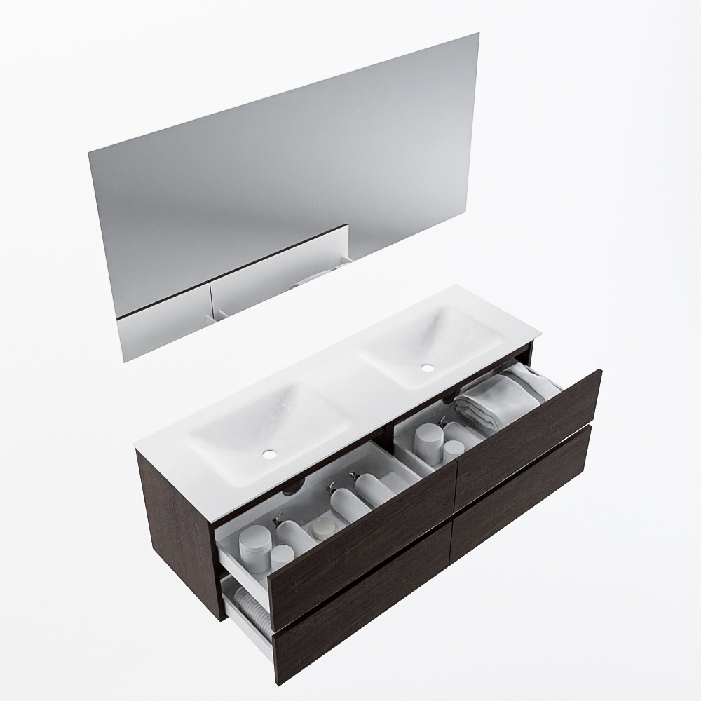 MONDIAZ VICA 150cm mueble de baño Dark Brown 4 cajones. Lavabo CLOUD Doble 2 orificios color Talc con espejo LED. 7 MONDIAZ VICA 150cm mueble de baño Dark Brown 4 cajones. Lavabo CLOUD Doble 2 orificios color Talc con espejo LED. - Imagen 7